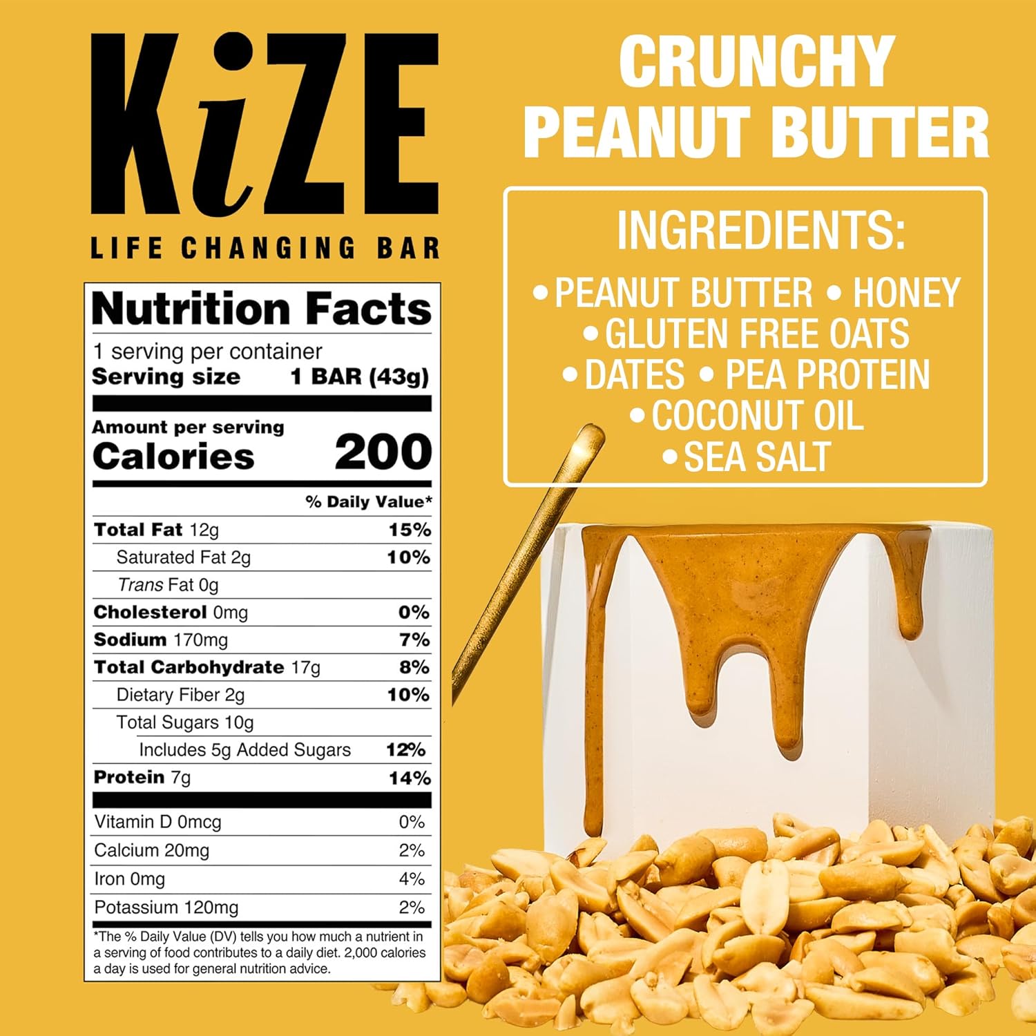 KiZE Energy Bars - Crunchy Peanut Butter - 30-Count - Gluten Free, Dairy Free, Non-GMO, and High Protein Meal Replacement Energy Bars, Clean and Simple Food Ingredients - 7g High Protein Snacks (30 Count)
