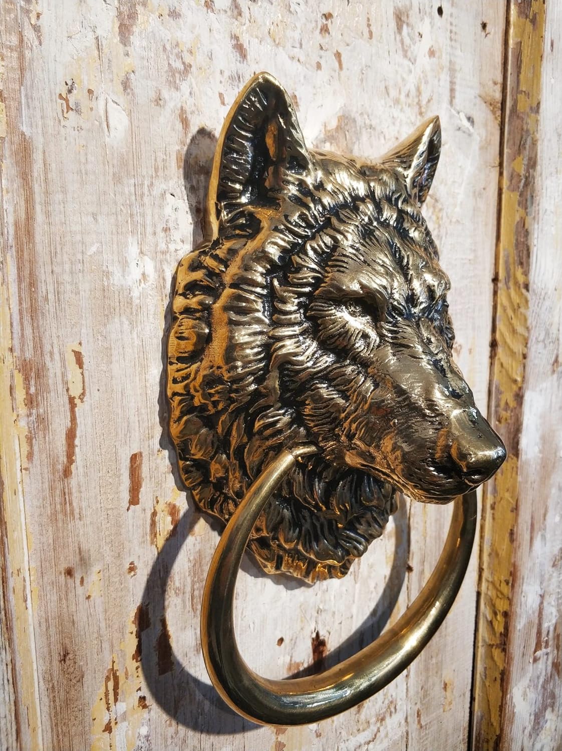 Wolf Head Door Knocker,6.3 inches Tall,Solid Brass,Wolf Front Door Ornament(Antique Brass)