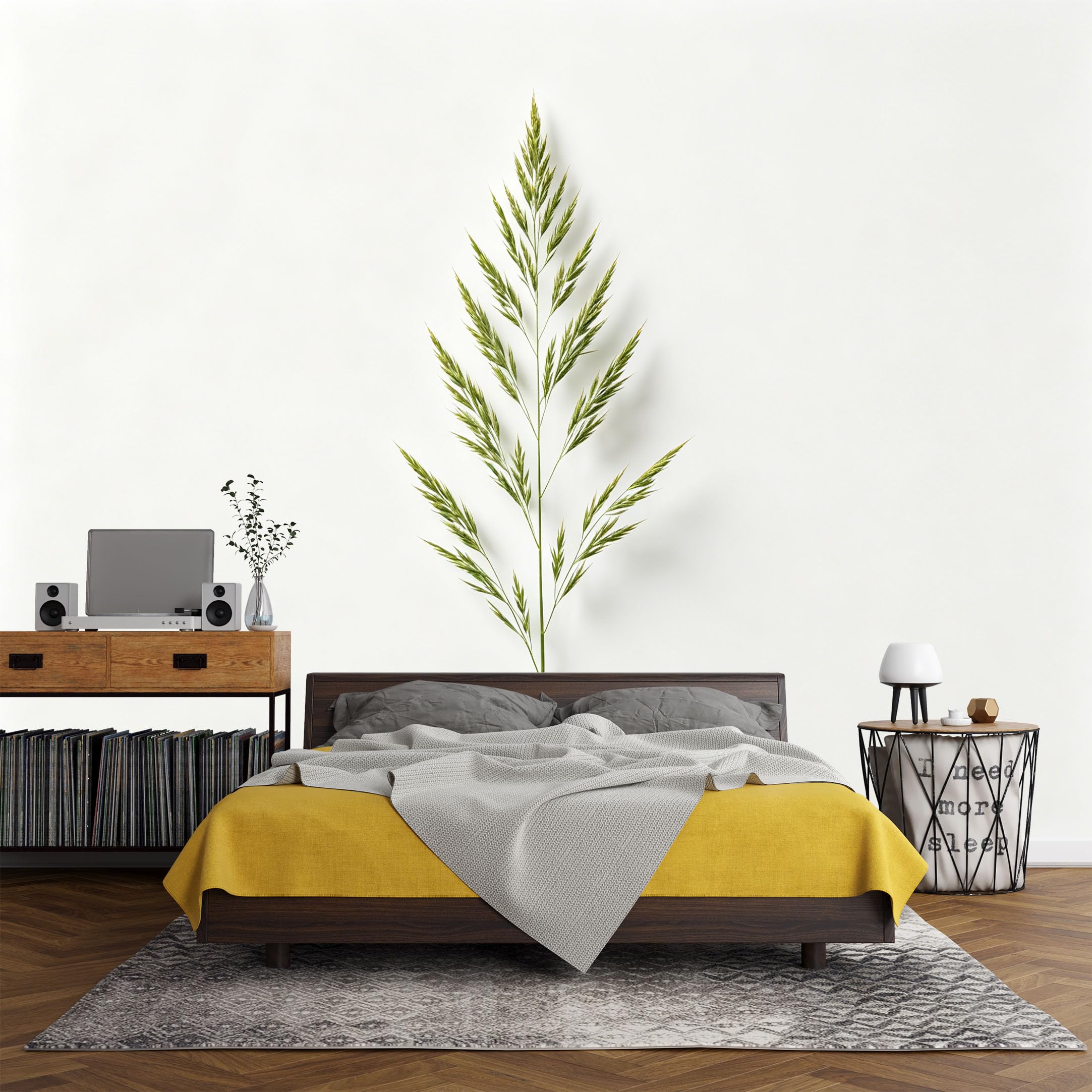 Custom Size Wall Mural， Botanical Minimalist Green Reed Leaf Watercolor Plant Art，SelfAdhesive Art Prints wall Fabric (No PVC) Removable Wallpaper Living Room Decor