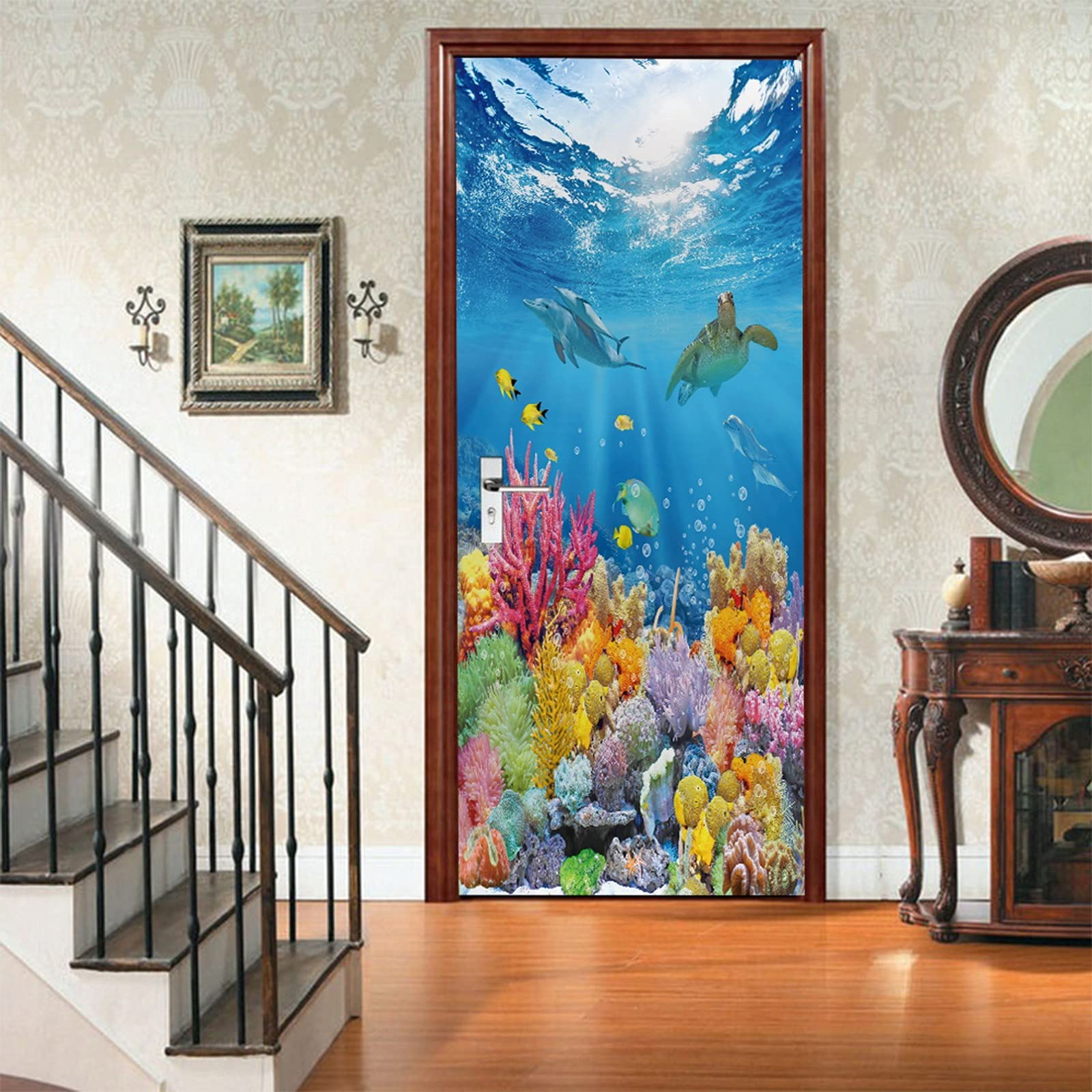 A.Monamour Adesivo Porta Autoadesiva Mondo Marino Sottomarino Pesce Tropicale Barriera Corallina Delfino Tartaruga Vinile PVC Adesivi per Porte 3D Pellicola Adesiva Poster Sticker Murale Parete