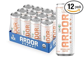 ARDOR ENERGY Sparkling Water with 100mg Natural Caffeine & 200mg L-Theanine from Organic Green Tea for Smooth Energy & Focus | Healthy Energy Drink | No Sugar, Zero Calories, Vegan, Gluten-Free | White Peach (Pack of 12, 12oz cans)