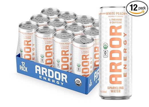 ARDOR ENERGY Sparkling Water with 100mg Natural Caffeine & 200mg L-Theanine from Organic Green Tea for Smooth Energy & Focus | Healthy Energy Drink | No Sugar, Zero Calories, Vegan, Gluten-Free | White Peach (Pack of 12, 12oz cans)
