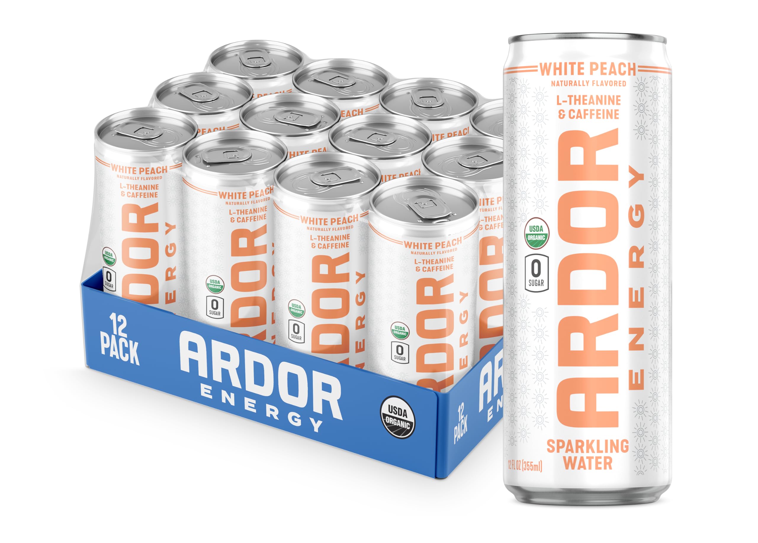 ARDOR ENERGY Sparkling Water with 100mg Natural Caffeine & 200mg L-Theanine from Organic Green Tea for Smooth Energy & Focus | Healthy Energy Drink | No Sugar, Zero Calories, Vegan, Gluten-Free | White Peach (Pack of 12, 12oz cans)USDA Organic