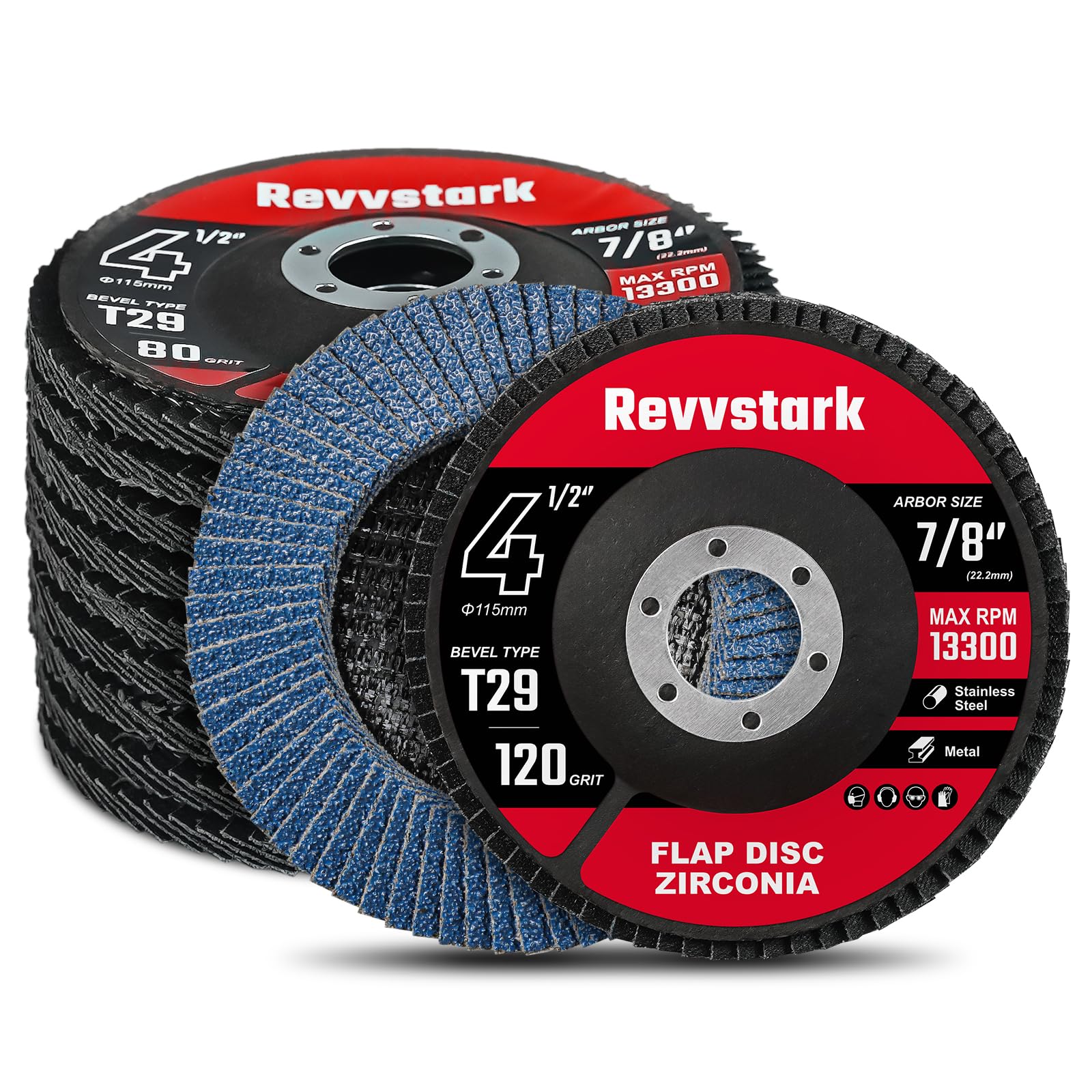 RevvstarkFlap Discs 120 Grit, 4.5" x 7/8" Flap Sanding Disc, Zirconia Type 29 Grinding Wheel 4-1/2 Inch for Stainless Steel, Sheet Metal (10 Pack)