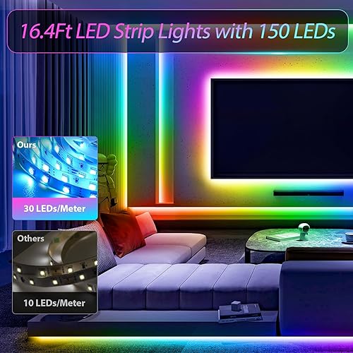 Miniatura 5 de HOUHUI Tira de luces LED, 150 luces LED RGB de 16.4 pies para TV de 32 a 75 pulgadas, sincronización de música, control de aplicación, tira LED de