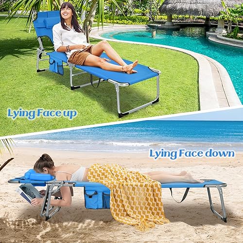 Miniatura 3 de GYMAX Silla de bronceado, silla de playa con orificio facial, respaldo ajustable de 5 niveles, almohada extraíble y asa de transporte, silla de baño