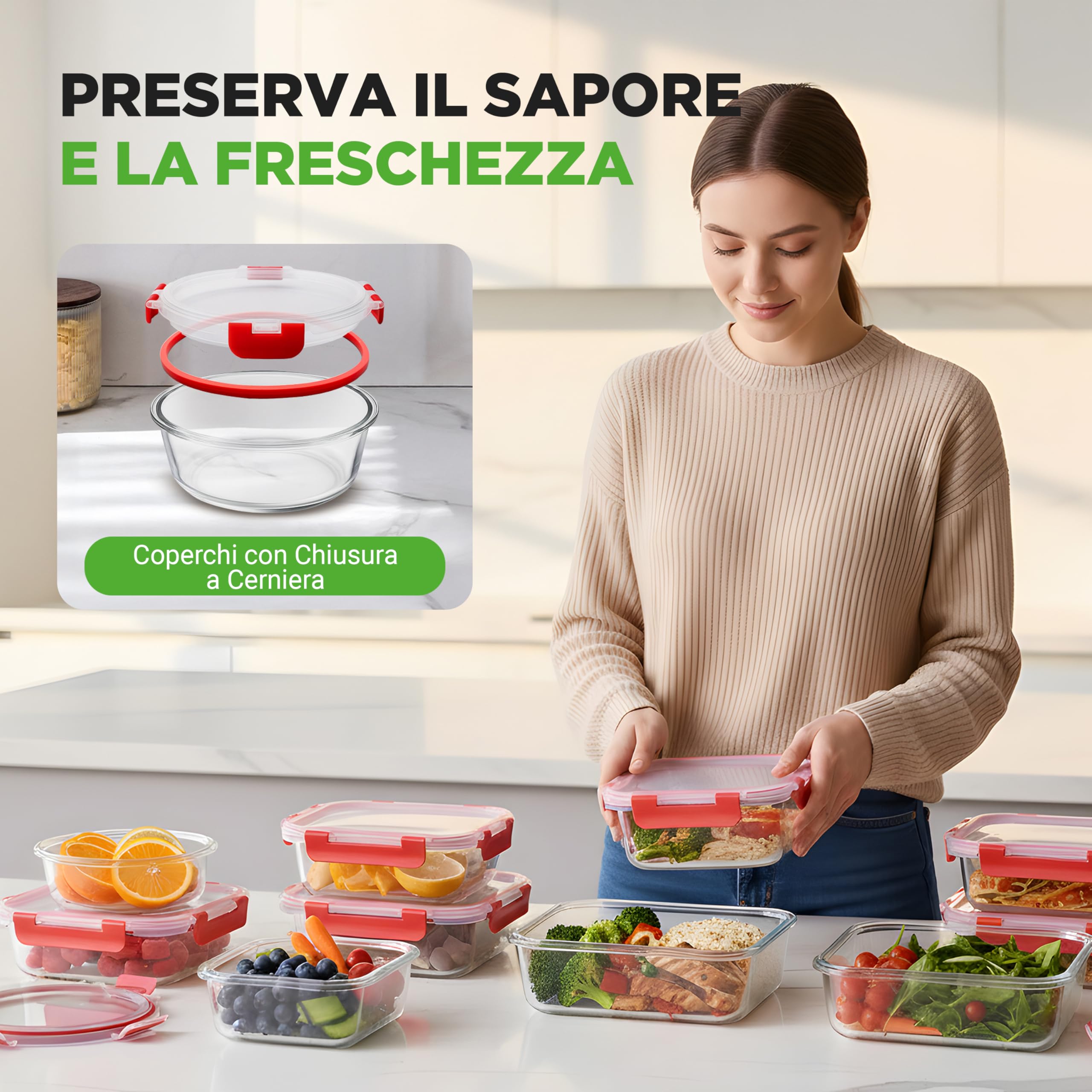 NutriChef Set di 12 Contenitori per Alimenti in Vetro con Coperchi, Contenitori Resistenti per la Preparazione dei Pasti, Sicuri per Microonde, Freezer e Lavastoviglie