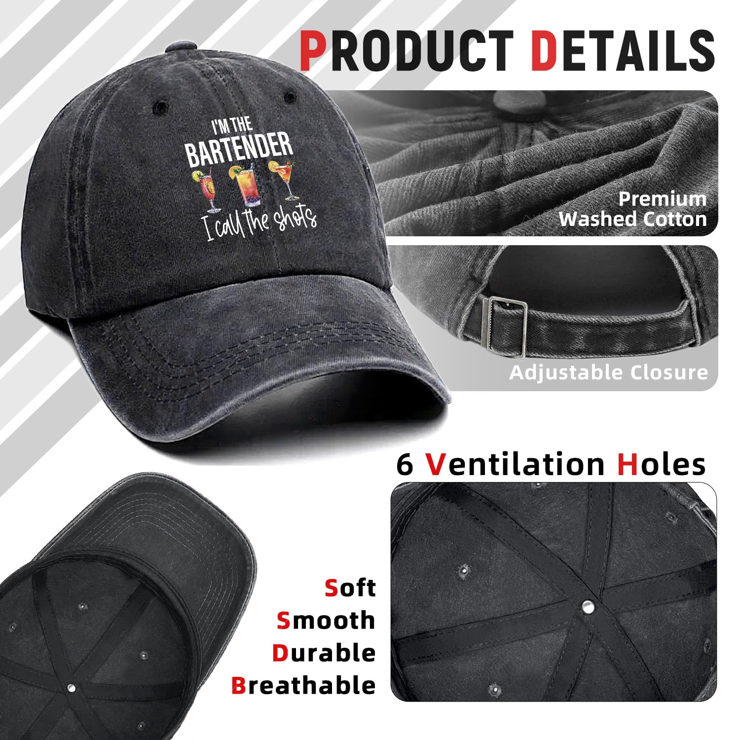 I'm The Bartender Funny Printed Cotton Baseball Cap Adjustable Retro Washed Lightweight and Breathable Unisex Sun Hat, Gifts for Bartender Humorous Drink Lovers Adult Parties Bachelor Party Friend