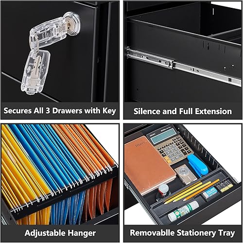 Miniatura 5 de LISSIMO Archivador rodante archivador con bloqueo de 3 cajones gabinete de almacenamiento de metal para debajo del escritorio de la oficina para