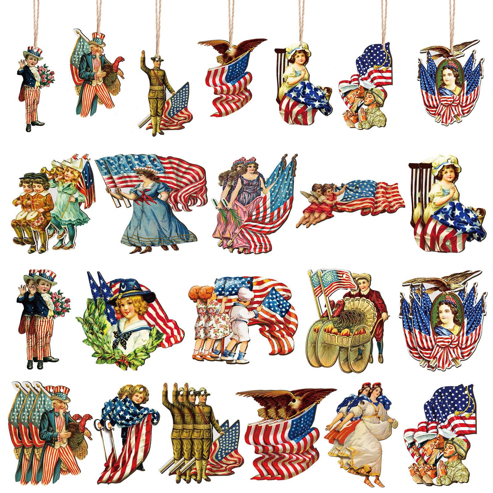 36 Pcs 4th of July Ornaments for Tree Independence Day Vintage Hanging Wall Decorations Wooden Tree Decor Banner Patriotic Ornaments for Home Party Favors (Stylish Style)