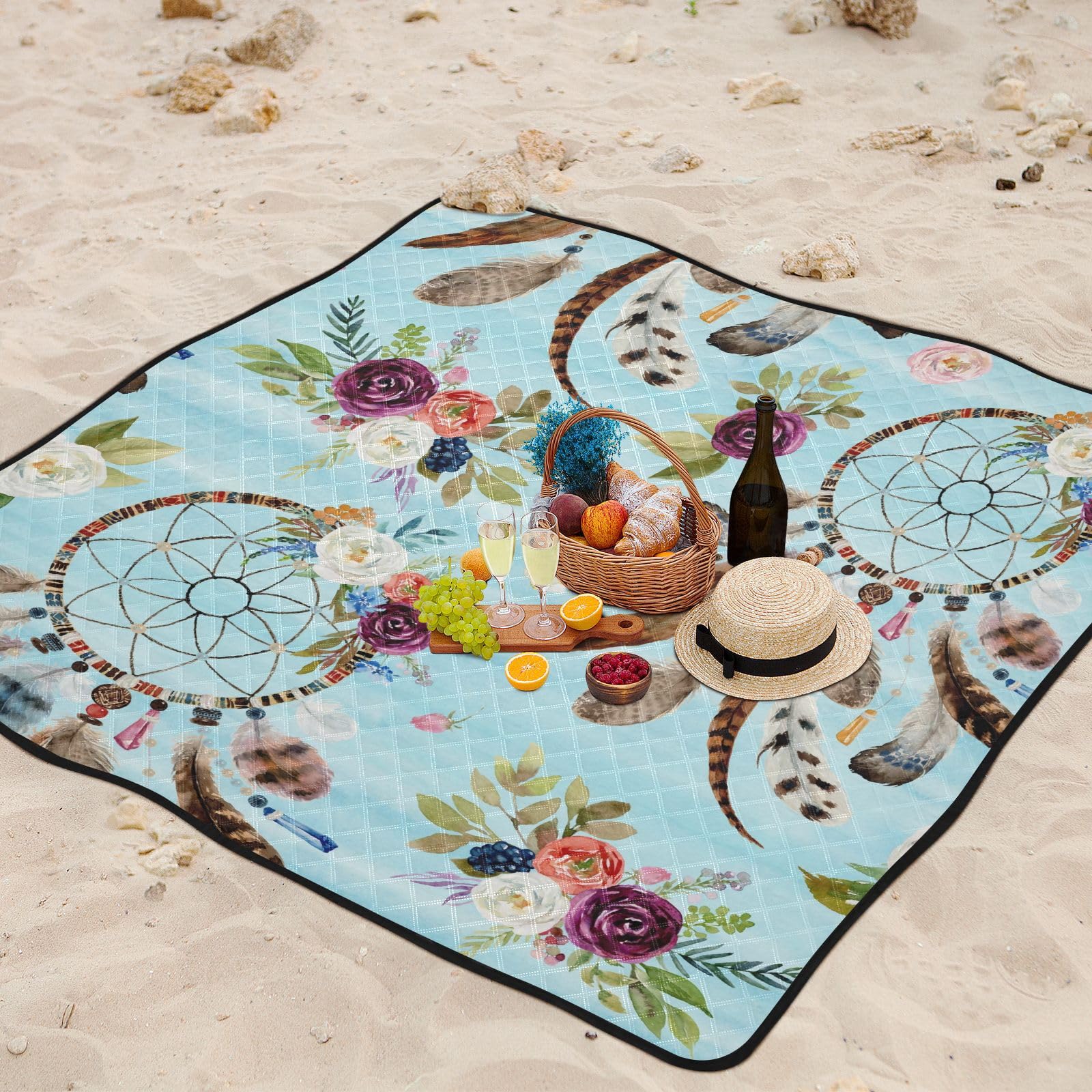 Picknickdecke, 200 x 200 cm, Feder-Traumfänger, große Picknick-Matte, wasserdicht, Stranddecke, tragbarer Outdoor-Teppich, Camping-Matte