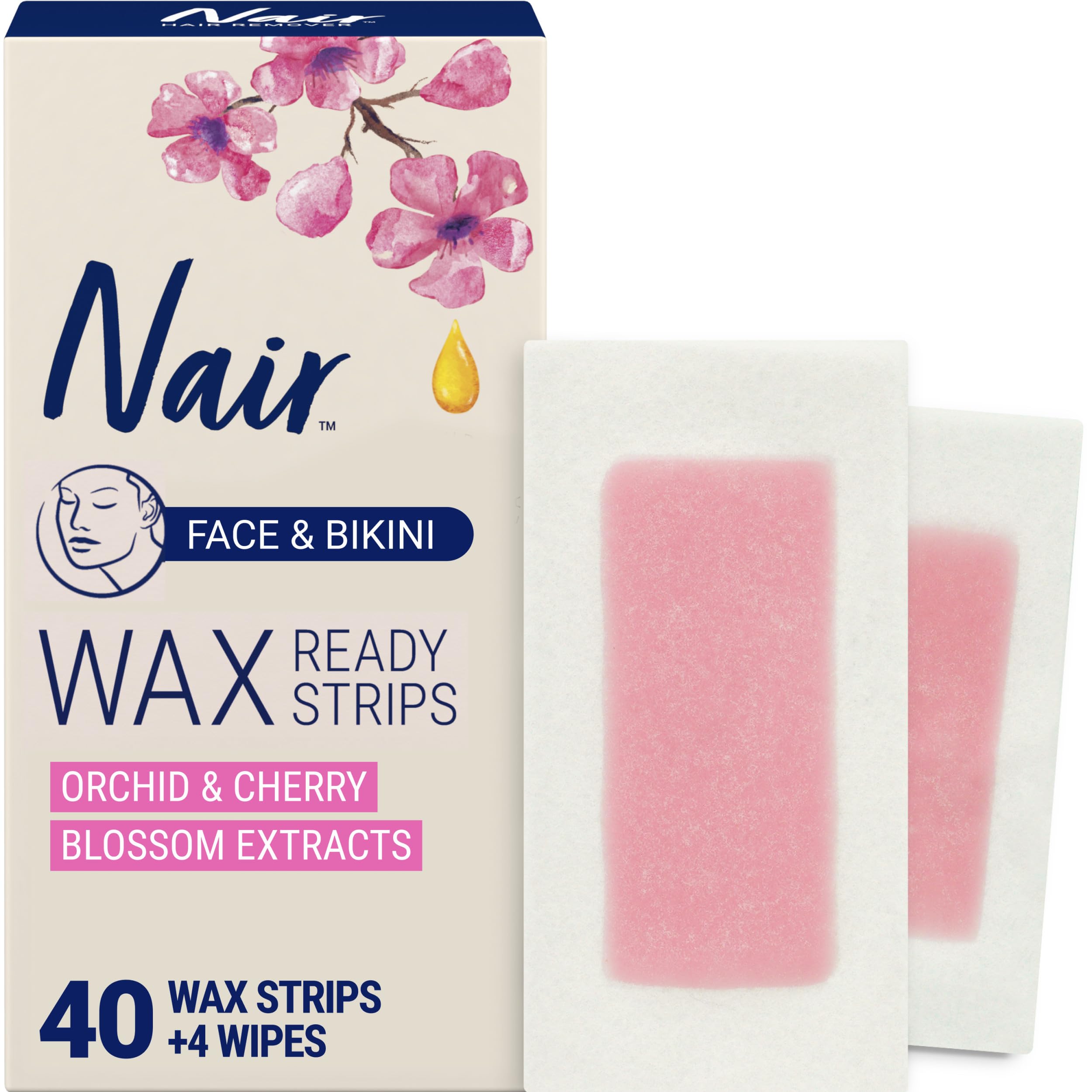 Hair Remover Wax Ready Strips, Face and Bikini Hair Removal Wax Strips, Orchid and Cherry Blossom Extracts, Dermatologist Tested, Plus 4 Non-Flushable Post Wipes, 40 Count