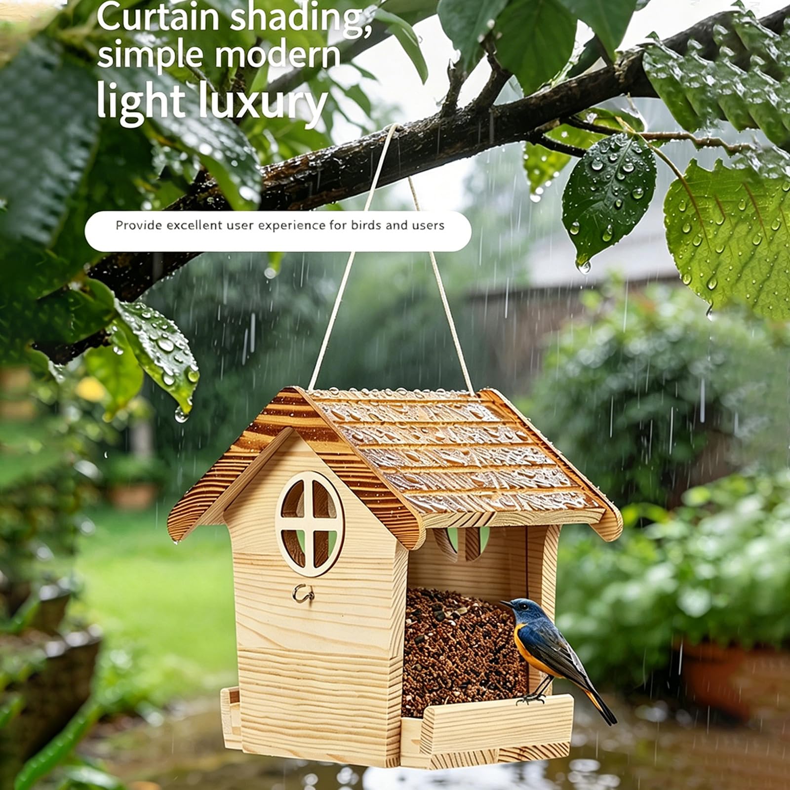 Decorazione per mangiatoia per uccelli da patio, casetta per mangiatoia per uccelli da esterno in legno con vassoio accesso aperto, finitura in legno naturale e ramo un albero o display da