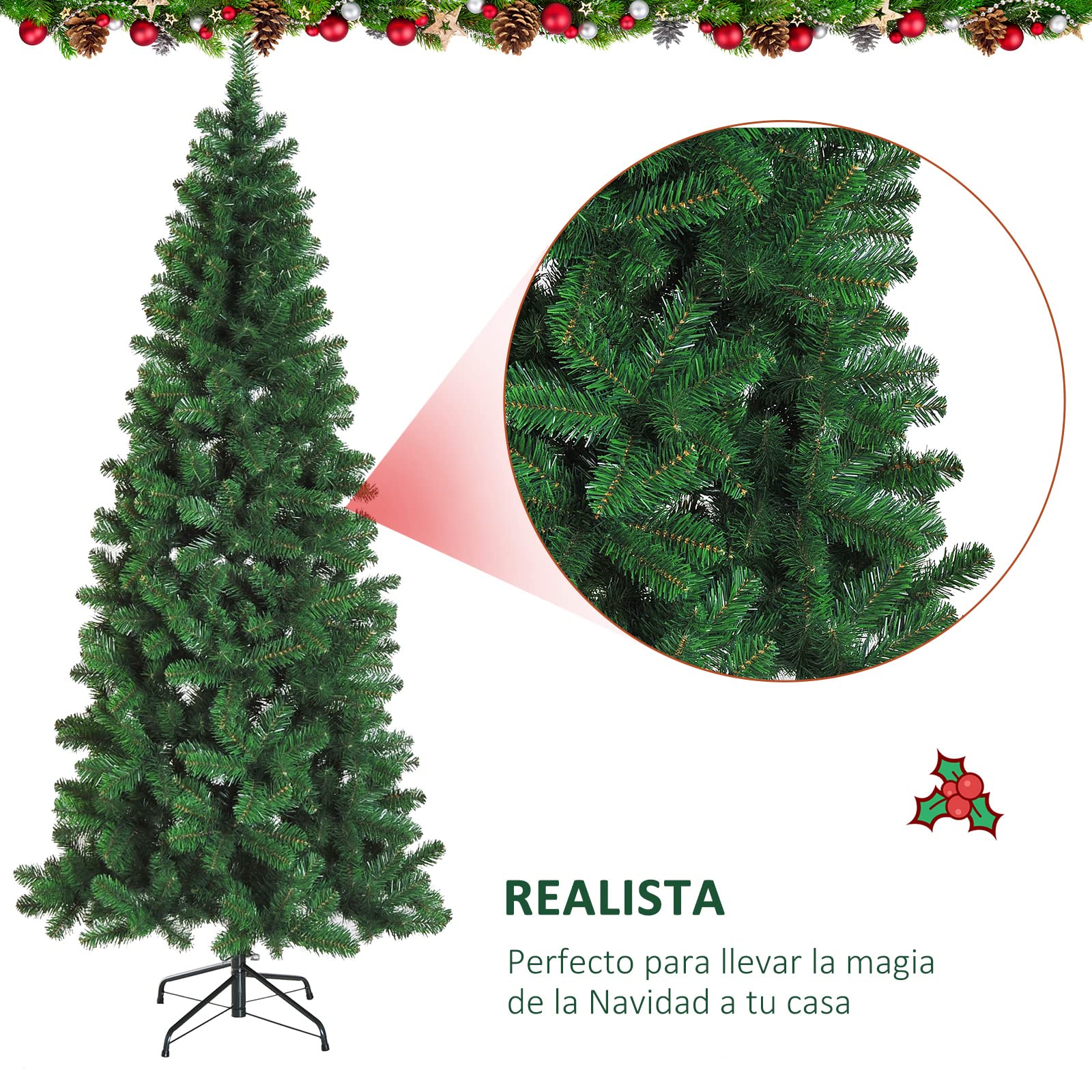 HOMCOM Árbol de Navidad Artificial 210 cm Ignífugo con 631 Puntas Verde | Puntas de Rama PVC, Soporte de Metal, Decoración Navideña para Interiores, Fácil de Montar