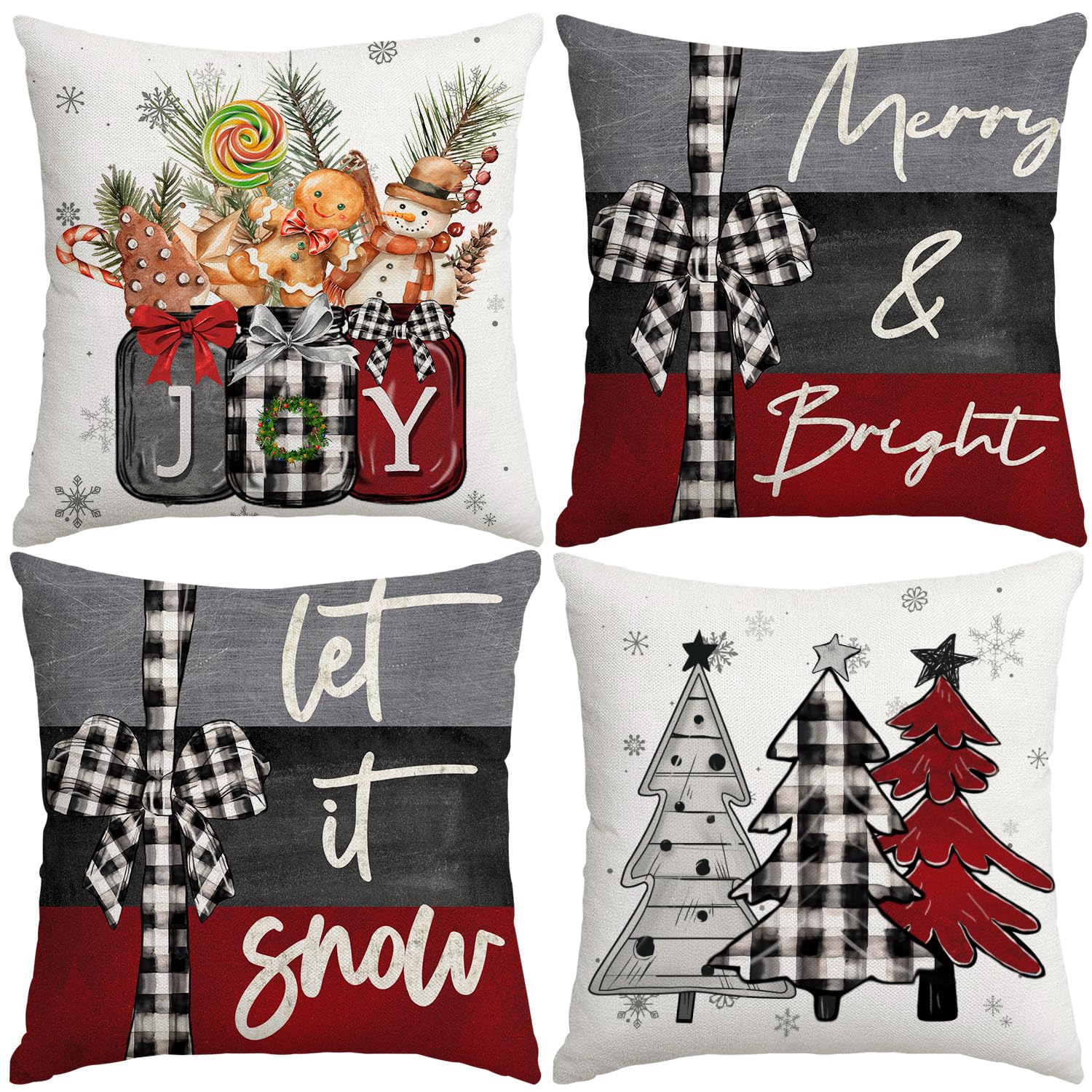 Miaikoe 45x45 cm Christmas Cushion Covers Merry Christmas Joy Xmas Trees Red and Black Decorative Winter Holiday Cushion Case Decoration for Coach Sofa Set of 4