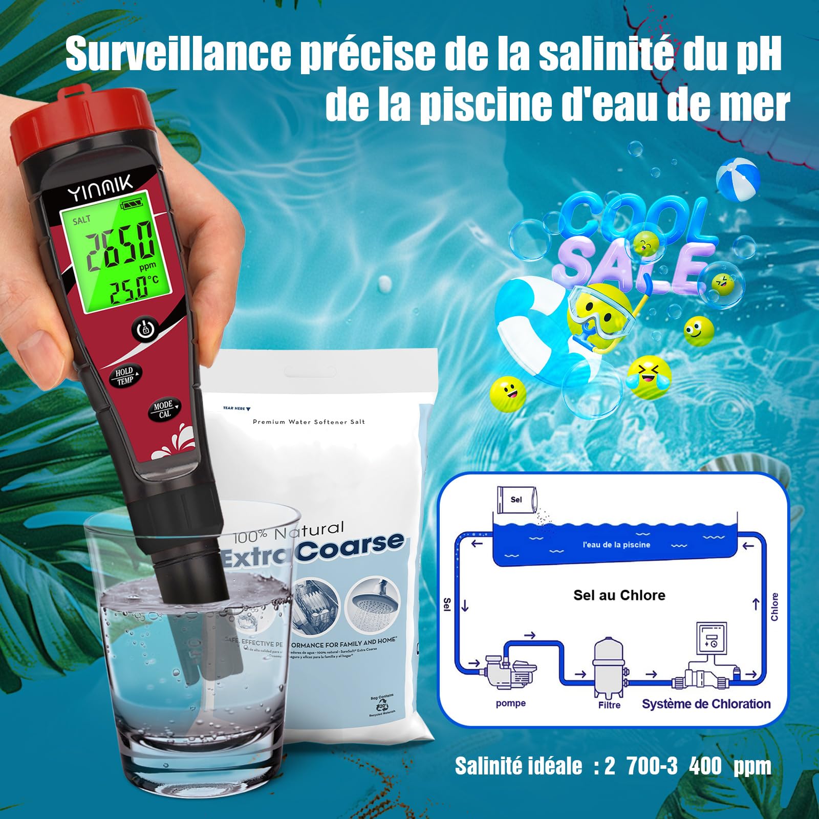 YINMIK Testeur pH et Chlore Piscine Testeur de sel avec kit d'étalonnage | 7 en 1 Test Chlore-Salinité, ORP, EC, TDS, Température avec ATC,Haute Précision pour Piscine/Spa/Eau Potable/Hydroponie