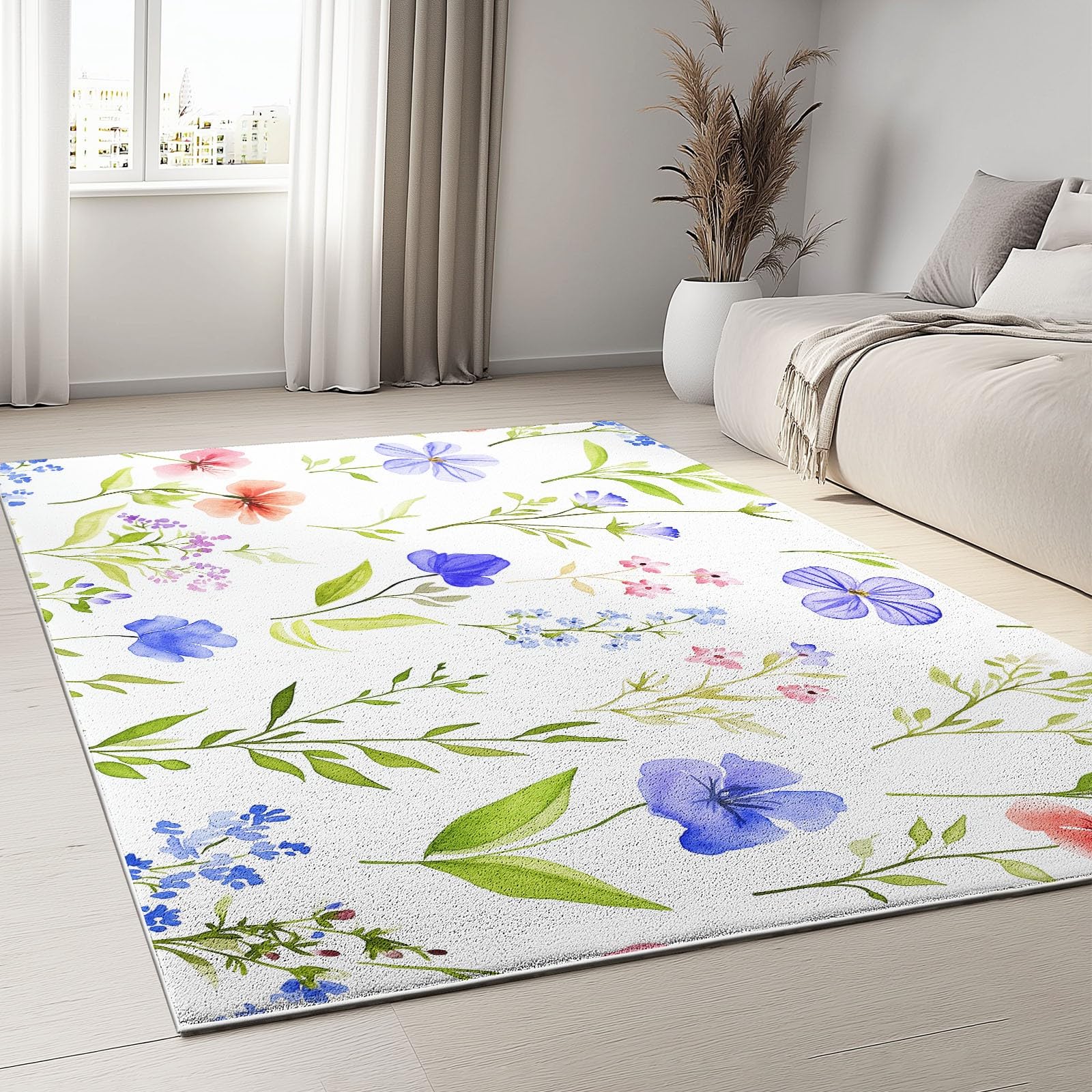 Tapis de salon lavable 120 x 180 cm à poils courts motif fleurs sauvages aquarelle