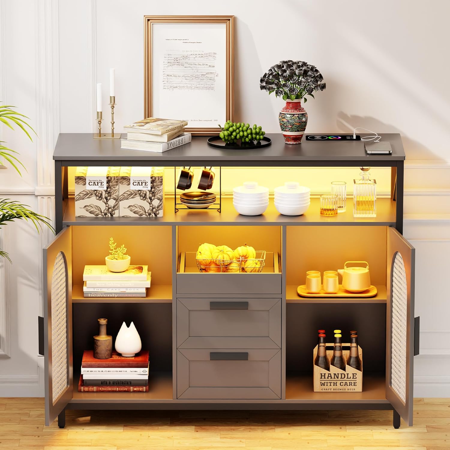 MDGC 40” Rattan Sideboard Buffet Kitchen Storage LED Coffee Bar