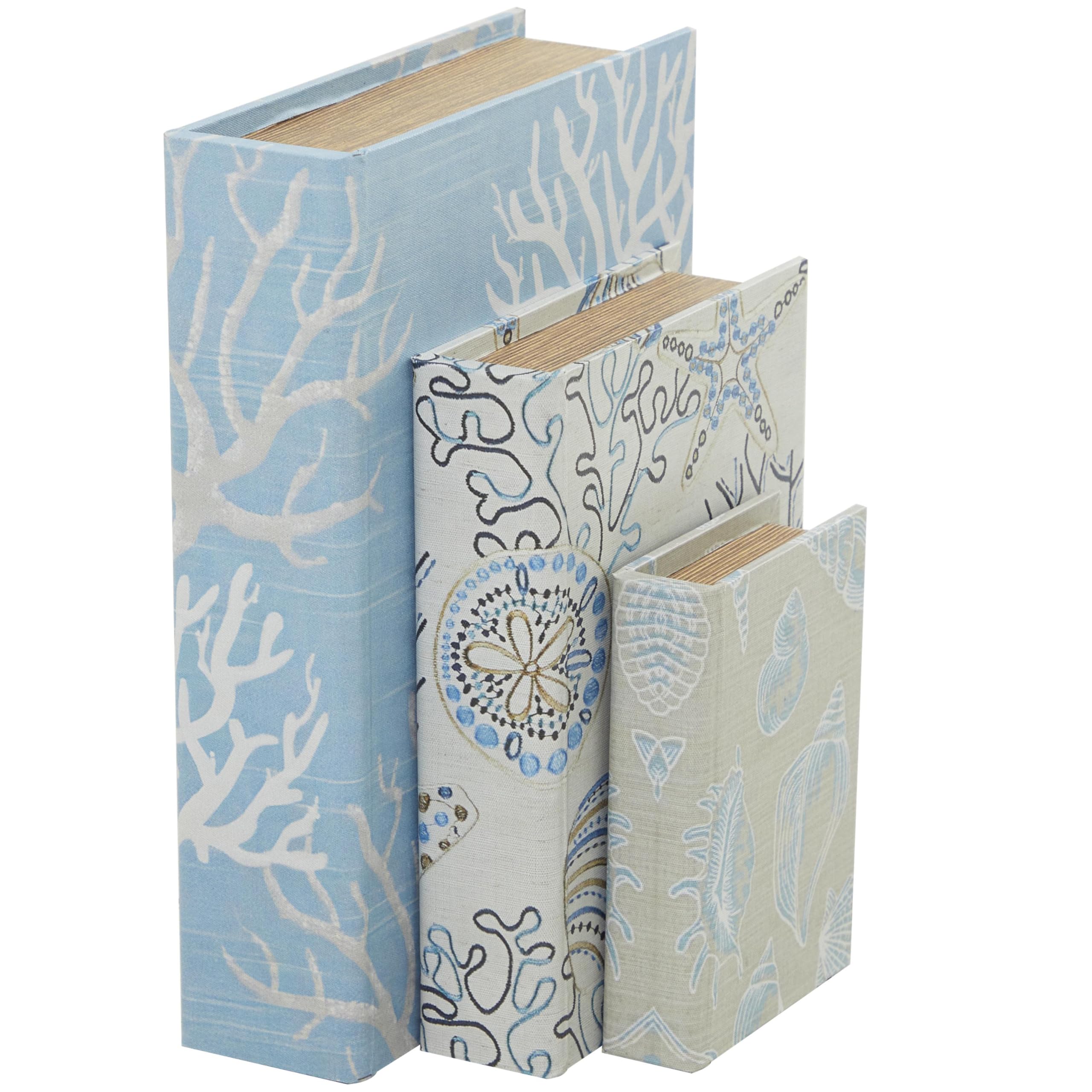 Deco 79Canvas Decorative Box Faux Storage Book Book Shaped Boxes with Varying Coral and Shell Patterns, Set of 3 Decorative Keepsake Boxes 12", 9", 6"H, Light Blue