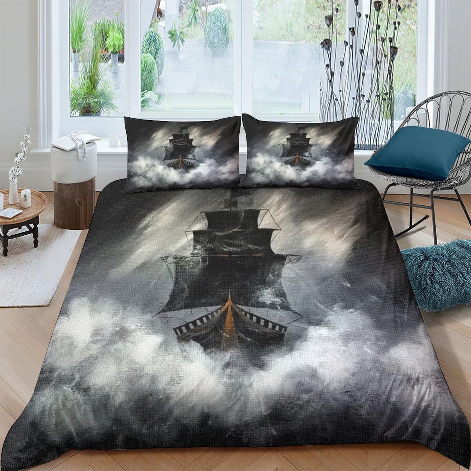 GPLZQXKJNH 3D Printed Stormy Pirate Ship Duvet Cover Microfiber Soft Breathable Dark Ocean Bedding Set with 2 Pillowcases for Bedroom Decor Single（135x200cm）