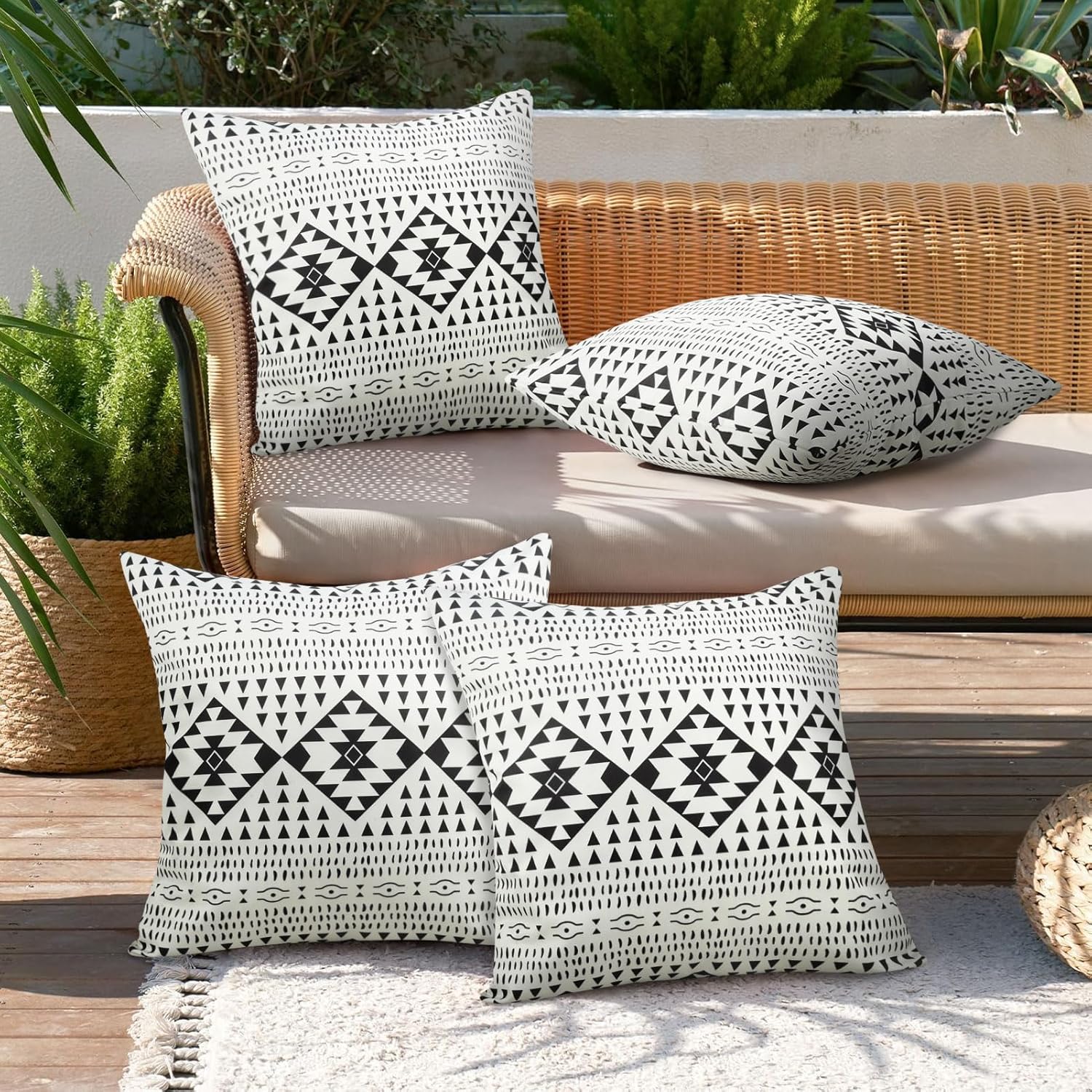 Adabana Outdoor Waterproof Throw Pillow Covers Set of 2 Outdoor Geometric Decorative Pillow Covers for Patio Funiture Garden 18x18 Inch Black and White - Image 4