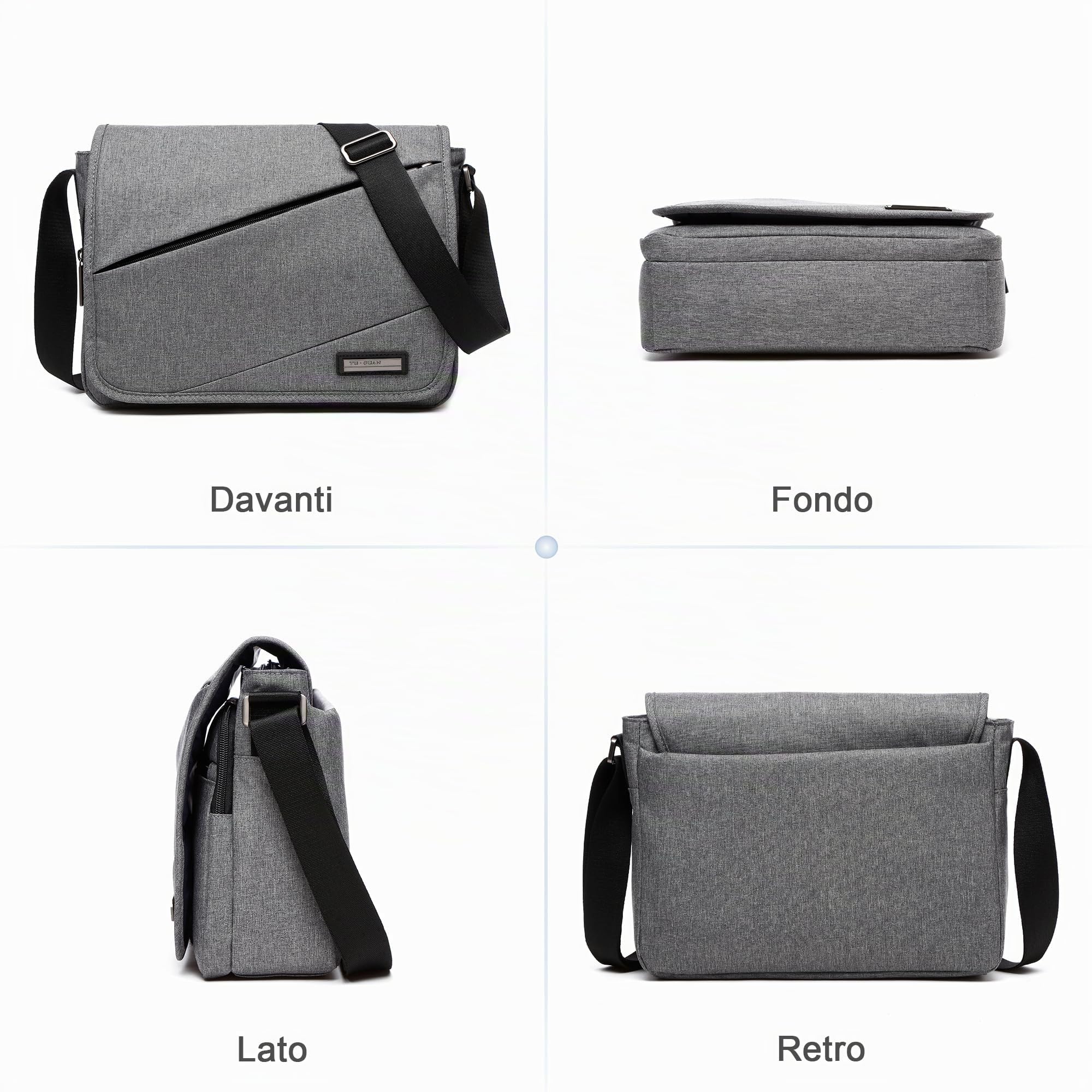 VARLIVOO Moda Uomo Borse a Spalla Borsa a Tracolla da Uomo Messenger Borse 13" Pollici Laptop Borse Scuola Università Viaggio Lavoro Campeggio Poliestere Grigio