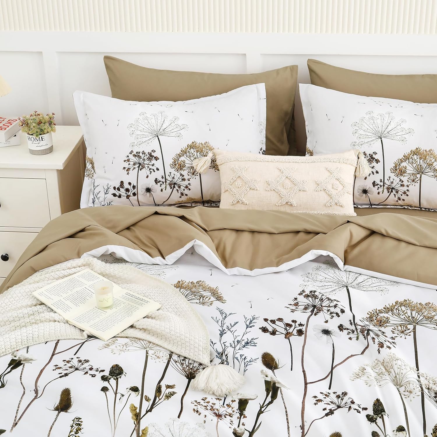 Yiran Khaki Floral Comforter Set Queen Size, 7 Piece Dandelion Botanical Plant Comforter Bedding Set, Bed in a Bag Queen, Soft Microfiber Complete Bedding Set with Sheets for All Season - Image 5