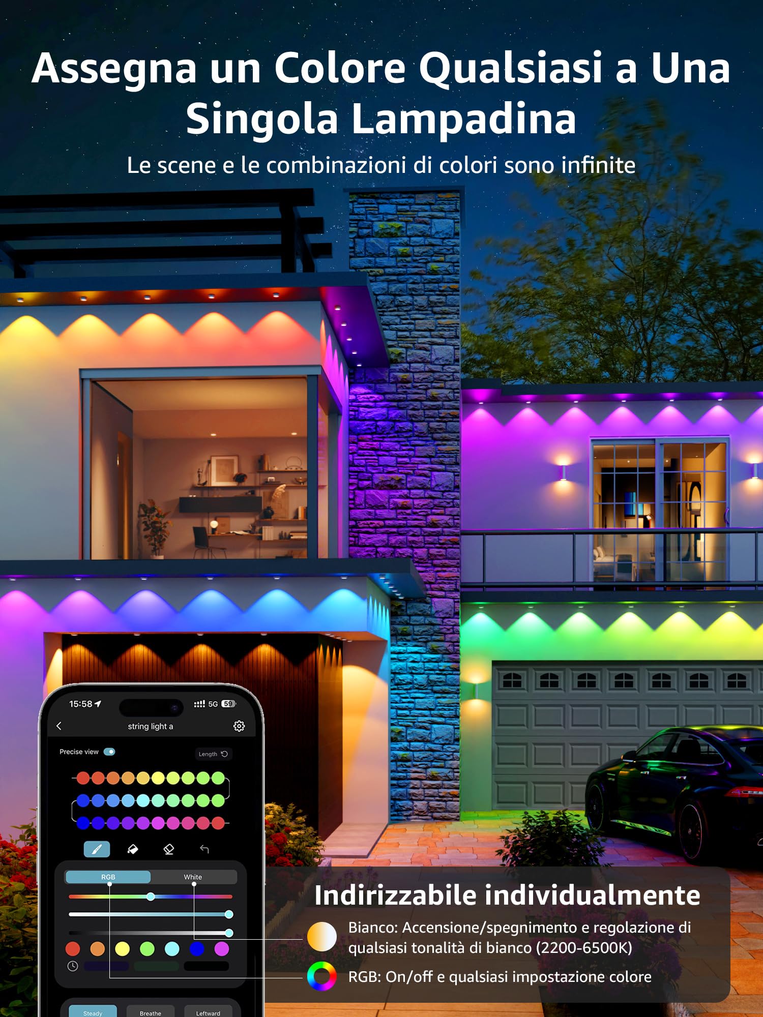 Lepro E1 AI Luci Natale Esterno 30m,60 LED RGBIC & Luce Bianca | Decorazioni Natalizie Compatibile con Alexa/Google Home,Tema AI per Luci Natale,Progettista Illuminazione AI Personalizzato