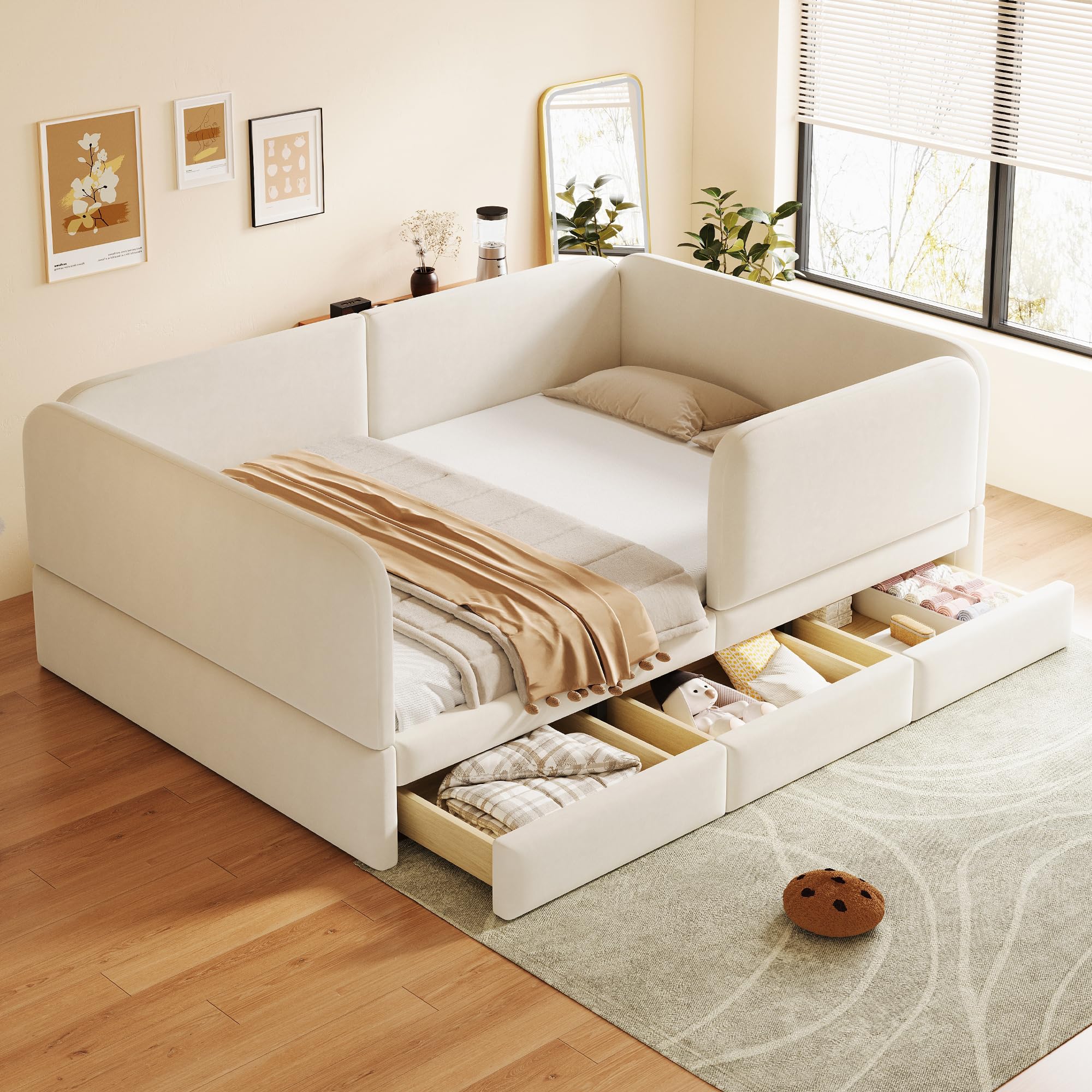 Letto Imbottito 140x200 con Bordo Interamente Imbottito Letto Matrimoniale con Cassetti Integrati Struttura Matrimoniale con Angoli Arrotondati con Telaio Basso Abitazione Beige