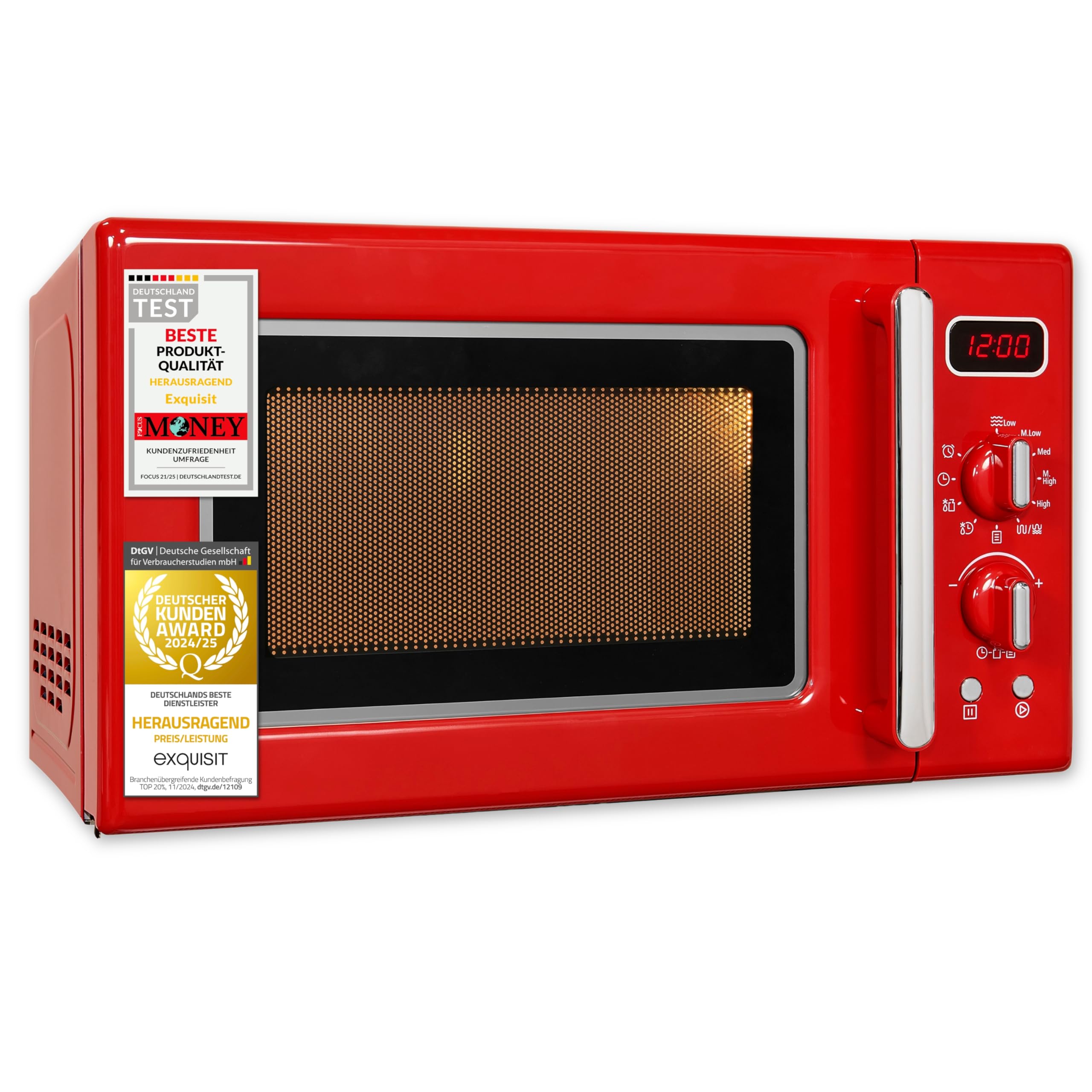 Exquisit Retro-Mikrowelle rot mit Grill, 20 L, 700 W, 5 Leistungsstufen | 25,5 cm Drehteller, 1000 W Grill, Timer bis 90 Min, Kindersicherung, Digitaldisplay – entwickelt nach deutschen Richtlinien