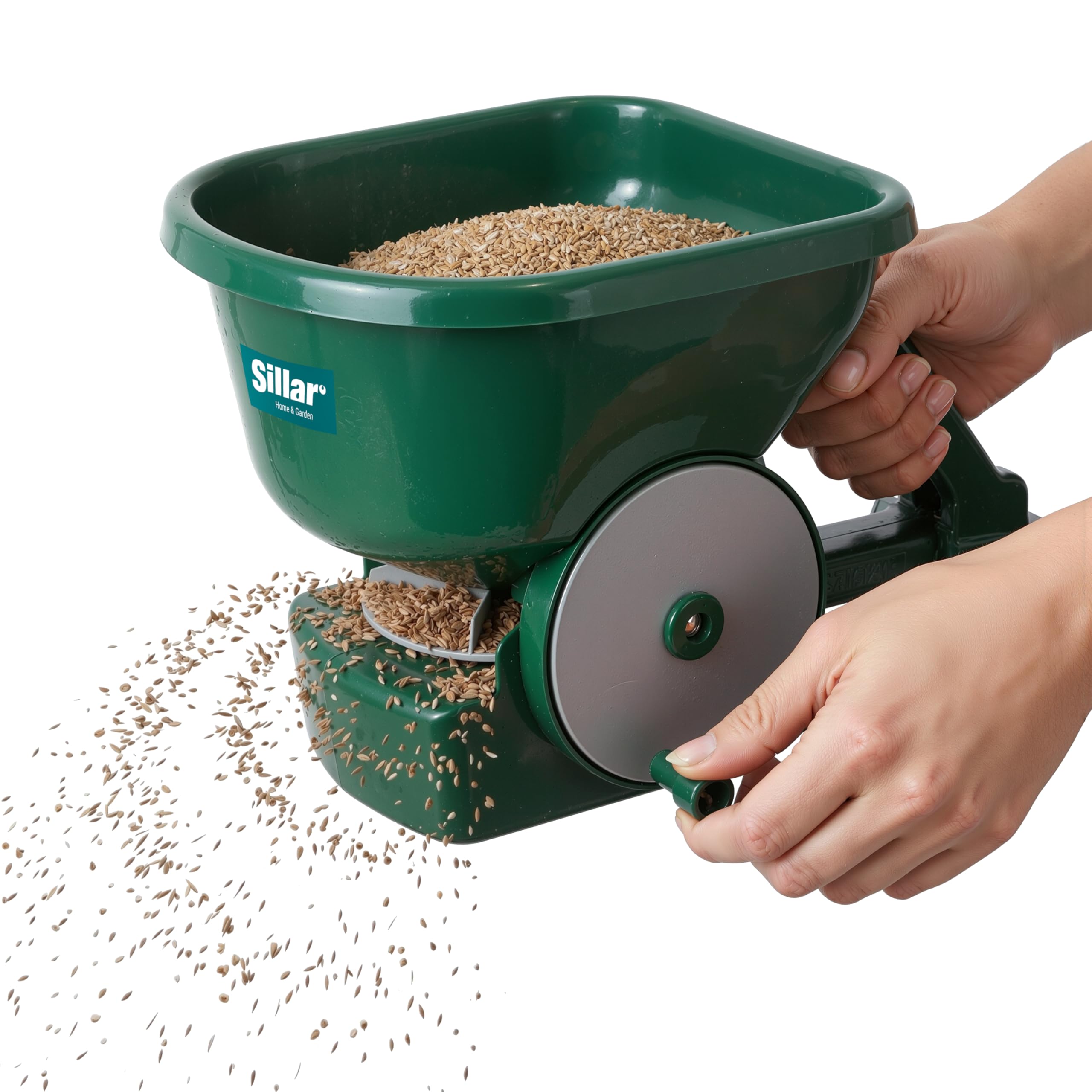 Sillar Handstreuer mit Ausziehbarer Stütze, 3 L Düngerstreuer und Samenstreuer, 4-Stufen Dosierung, 1,8-3,6 m Streubreite, Für Rasen, Salz, Sand und Streugut, Grün