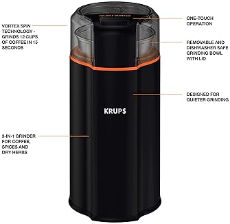 KRUPS Silent Vortex Electric Grinder for Spice, Dry Herbs and Coffee, 12-Cups, Black