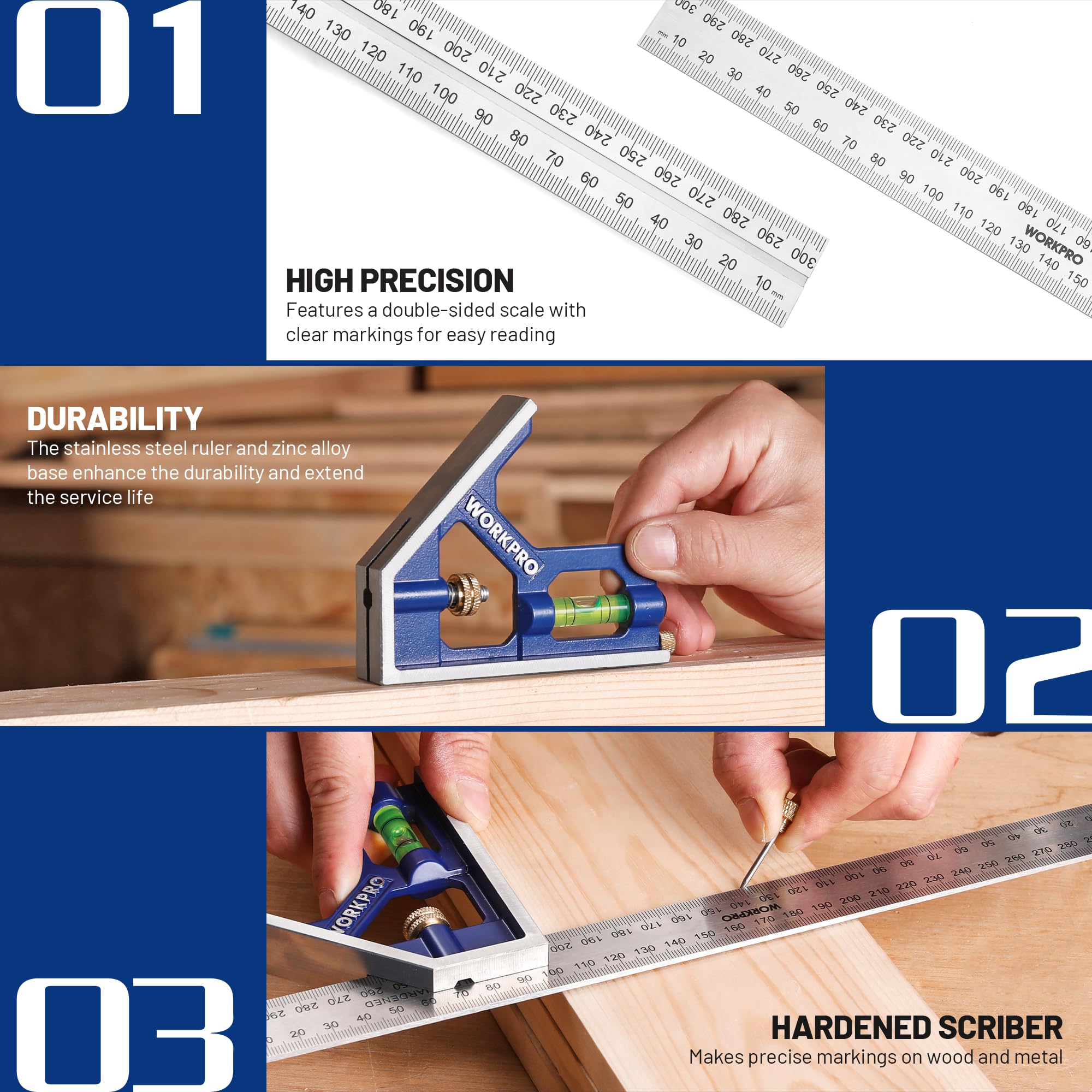 WORKPRO 180 mm Speed Square and 300 mm Combination Square Set, Aluminum Speed Square, Stainless Steel Combination Square - Image 3