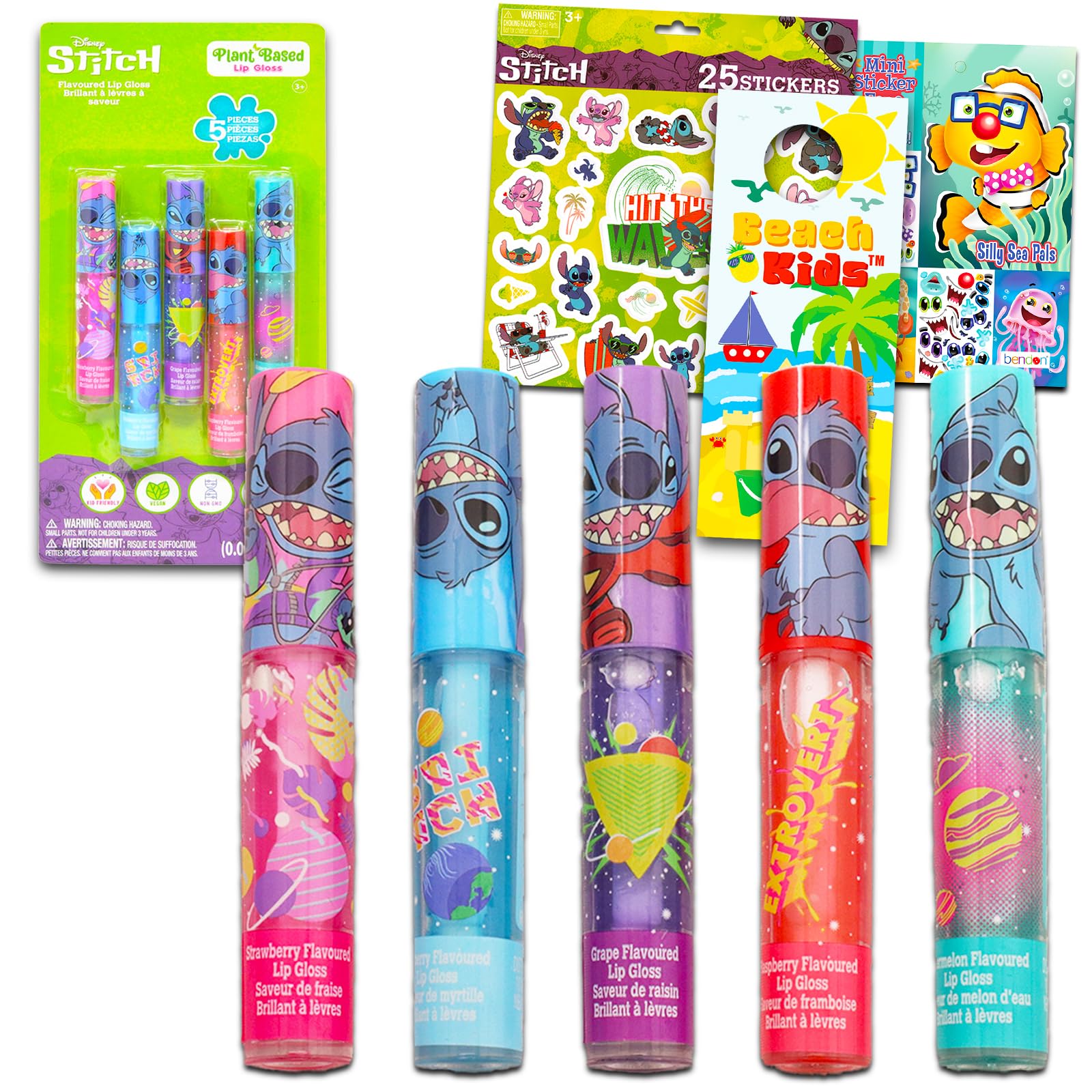 Stitch Lip Gloss Bundle for Girls – 5 Pack of Stitch Glosses for Lips in Assorted Flavors Plus Stickers, More | Stitch Party Favors for Kids