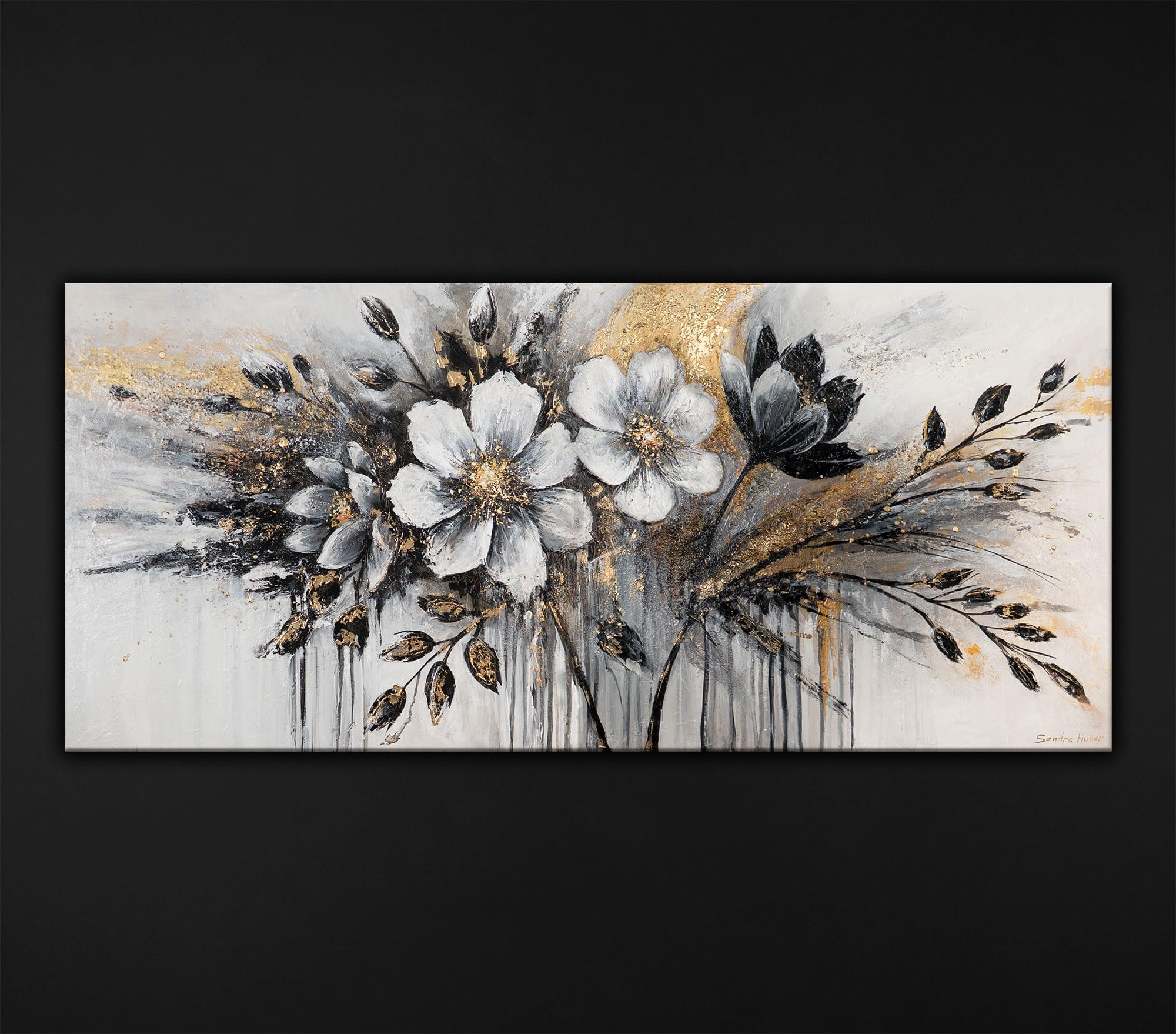 YS-Arte Pintura acrílica flores sobre lienzo serie original pintado a mano el mural sala de estar oficina moderna decoración del hogar galería imagen obra de arte imágenes con oro 115 x 50 cm