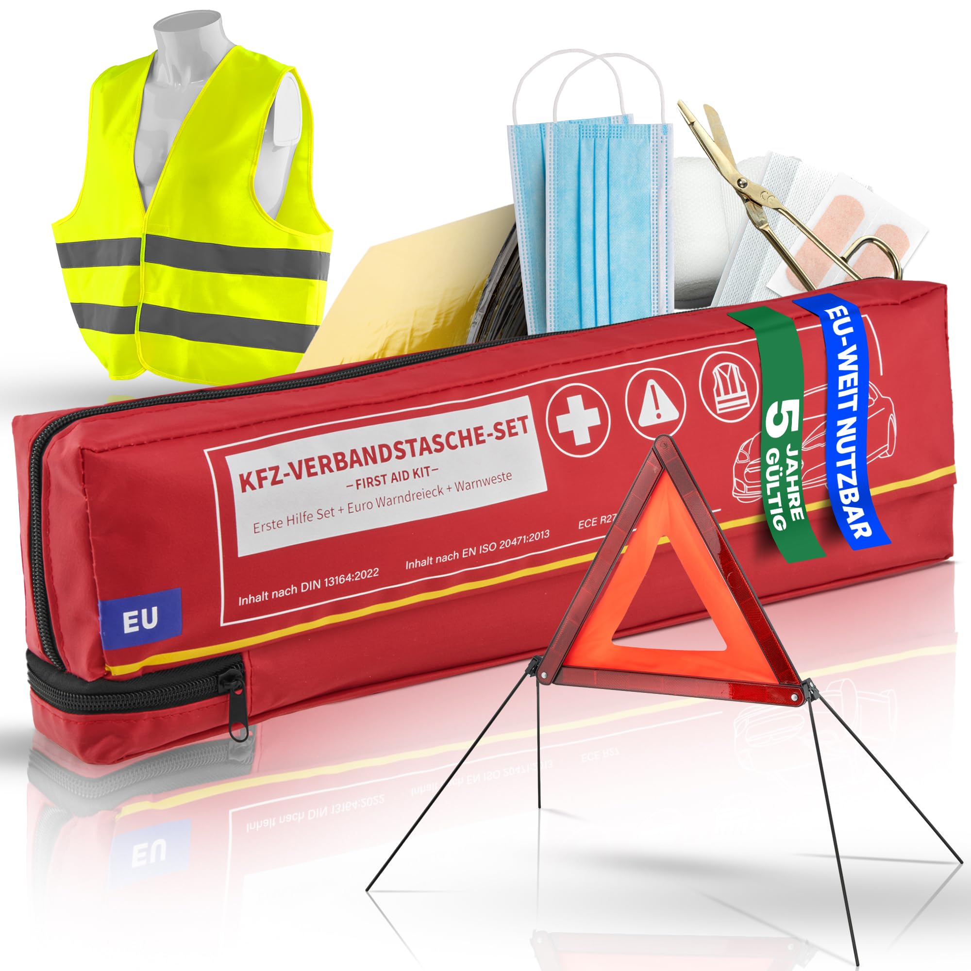 Smart-Planet Trousse de premiers secours pour voiture - 47 pièces - Conforme à la norme allemande StVO - Utilisable dans toute l'Europe - Sac combiné - Triangle de signalisation