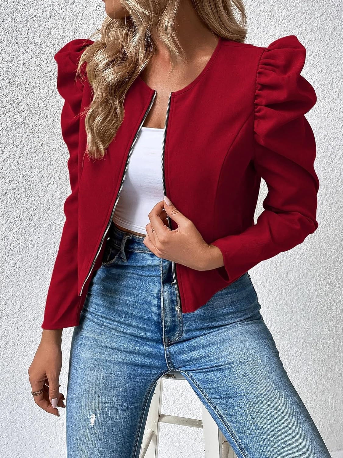 Women's Trench Coat Elegant Puff Sleeve Zipper Up Jacket Round Neck Classic Overcoat