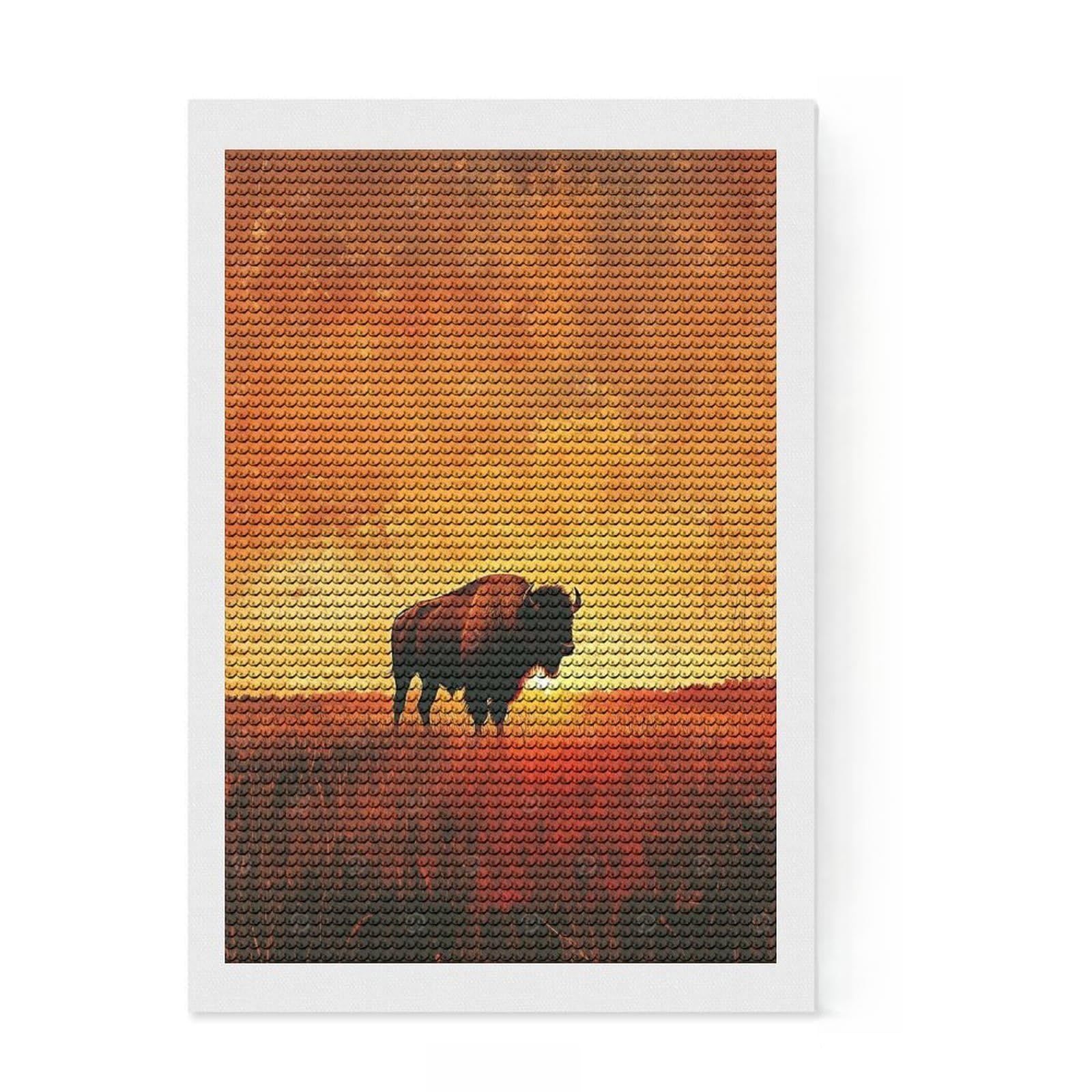 Junmoney Bison in Golden Field Diamond Painting Canvas Set 8"x12", for Teens, Pleasing Wall Art Project, Cosy Home Accent, Birthday Gift