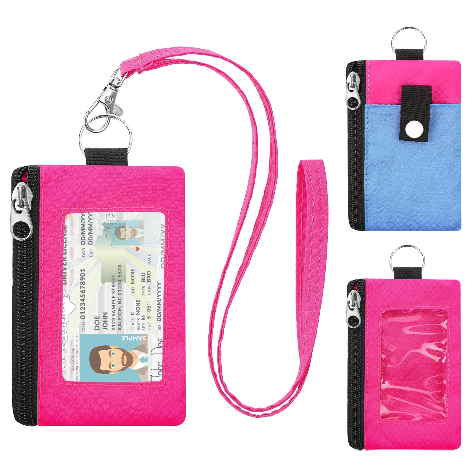 Minimalist RFID Blocking Wallet with Lanyard, Functional ID Case with 2 Zipper Pockets and Key Chain for Men and Women, Tactical Badge Pouch Cards Holder, Coin Purse for Travel Sports-Rose