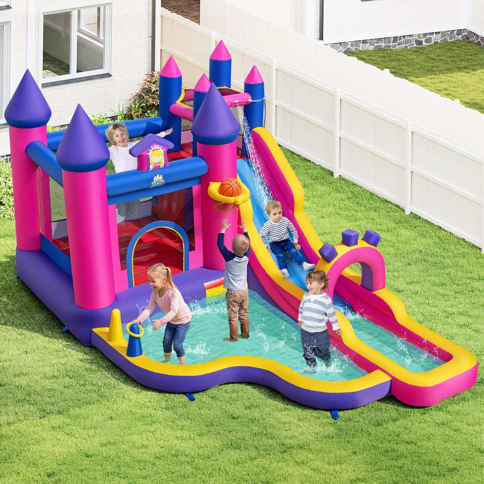 COSTWAY Castillo Hinchable para Niños, Parque Infantil Acuático Tema de Princesas con Tobogán Largo, Canasta de Baloncesto, insuflavel criança para Niños, Jardín, Césped, 460x290x245 cm (sin Soplador)