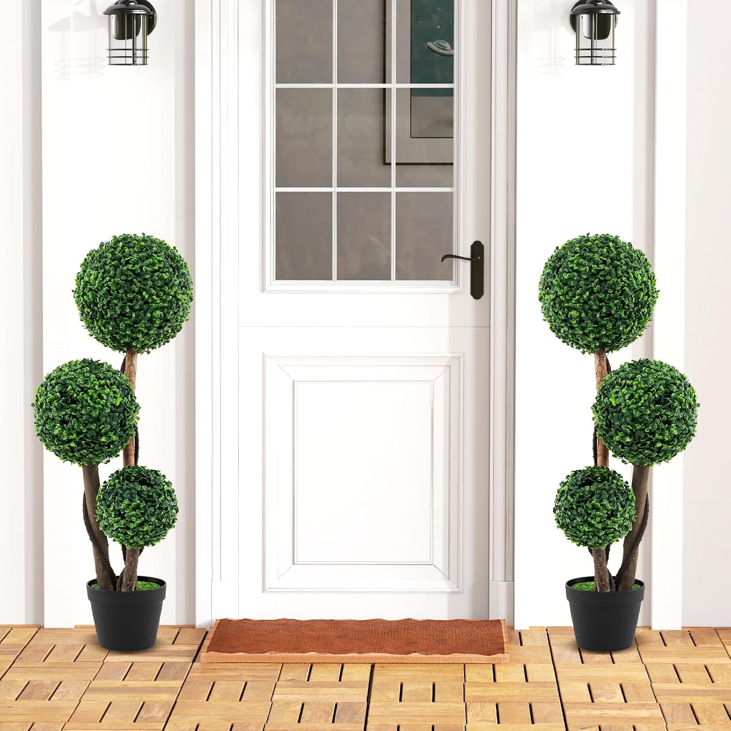 Goplus 3ft Artificial Boxwood Topiary Ball Tree, 2 Pack Faux Potted Plants with Solid Wood Trunks, Mimic Rattans & Moss, Fake Evergreen Artificial Topiary for Indoor Outdoor Home Front Porch Decor