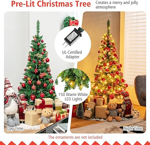 Miniatura 10 de DORTALA Árbol de Navidad artificial, árbol de Navidad iridiscente de pino de 6 pies con 792 puntas de rama, soporte de metal plegable, color blanco