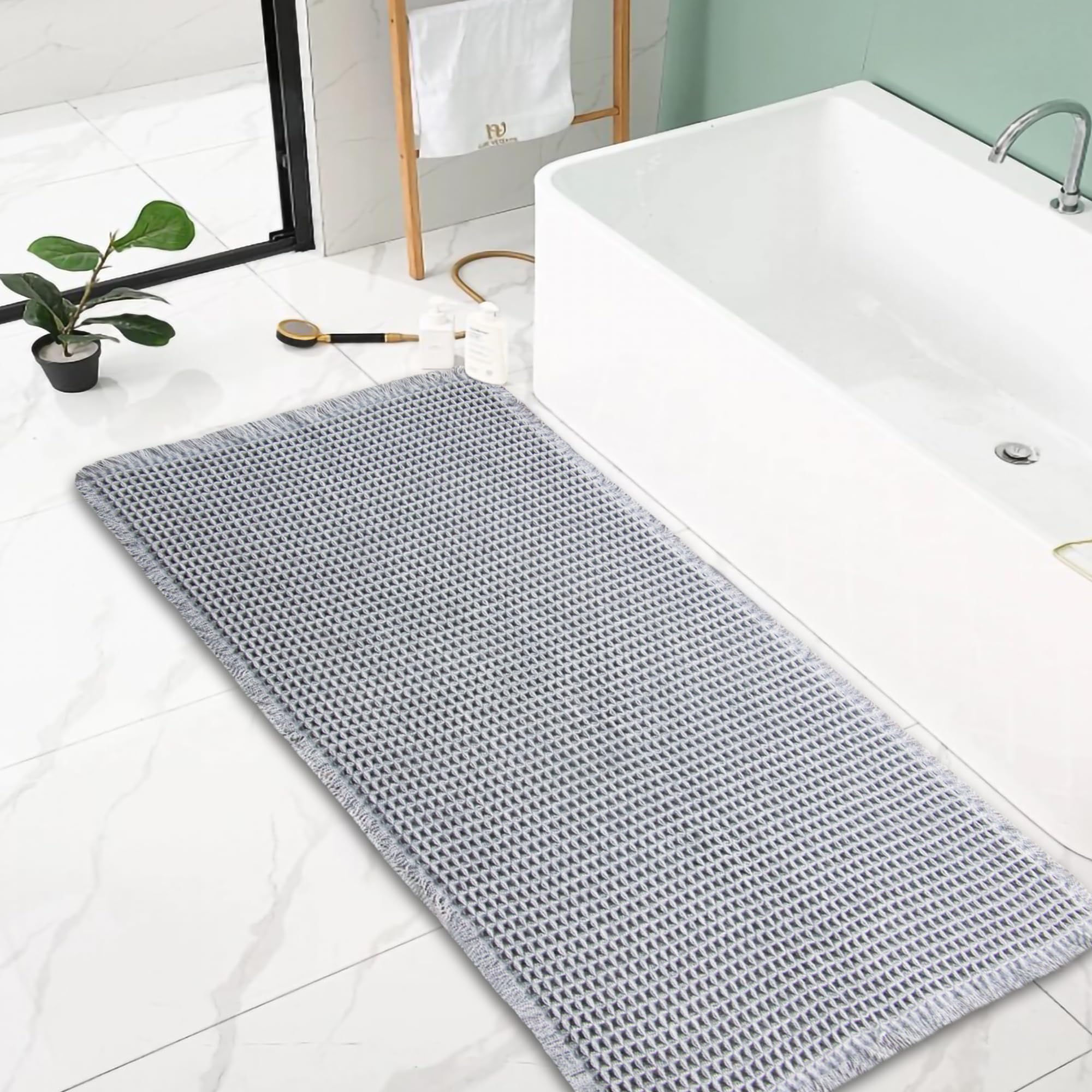 YCTMALL Waffle Bath Mat - Super Absorbent Non Slip, Washable, Ultra Soft Rubber Backed, 24x48in Light Grey