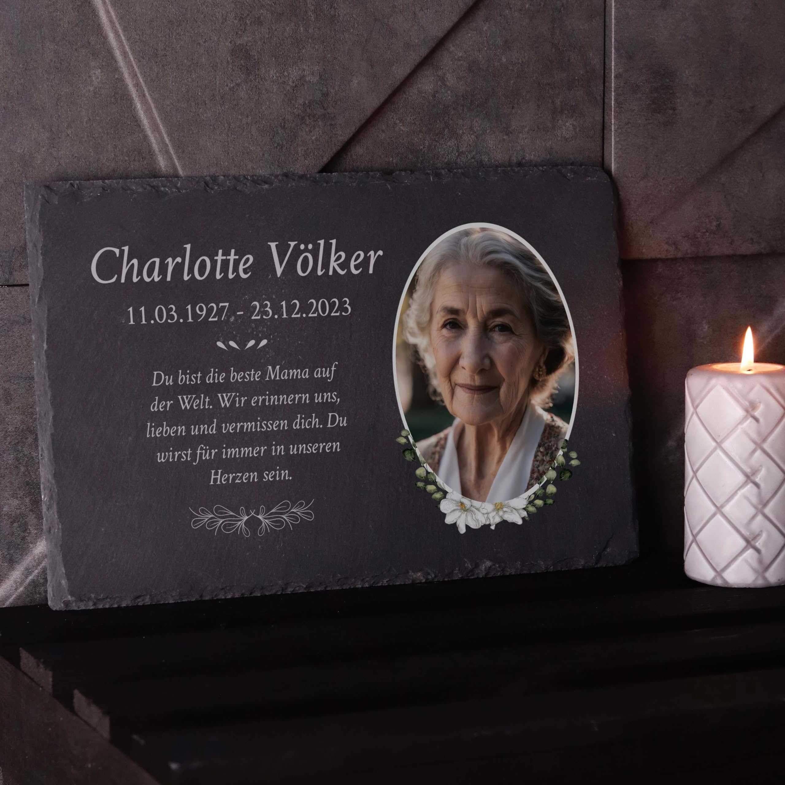 LAUBLUST Personalisierte Grabplatte als Grabschmuck für Menschen mit Wunschtext | Schieferplatte mit Gravur als Grabstein Deko & Grabtafel - Blumen, 3 Größen | Schöne Grabsteine mit Name & Foto