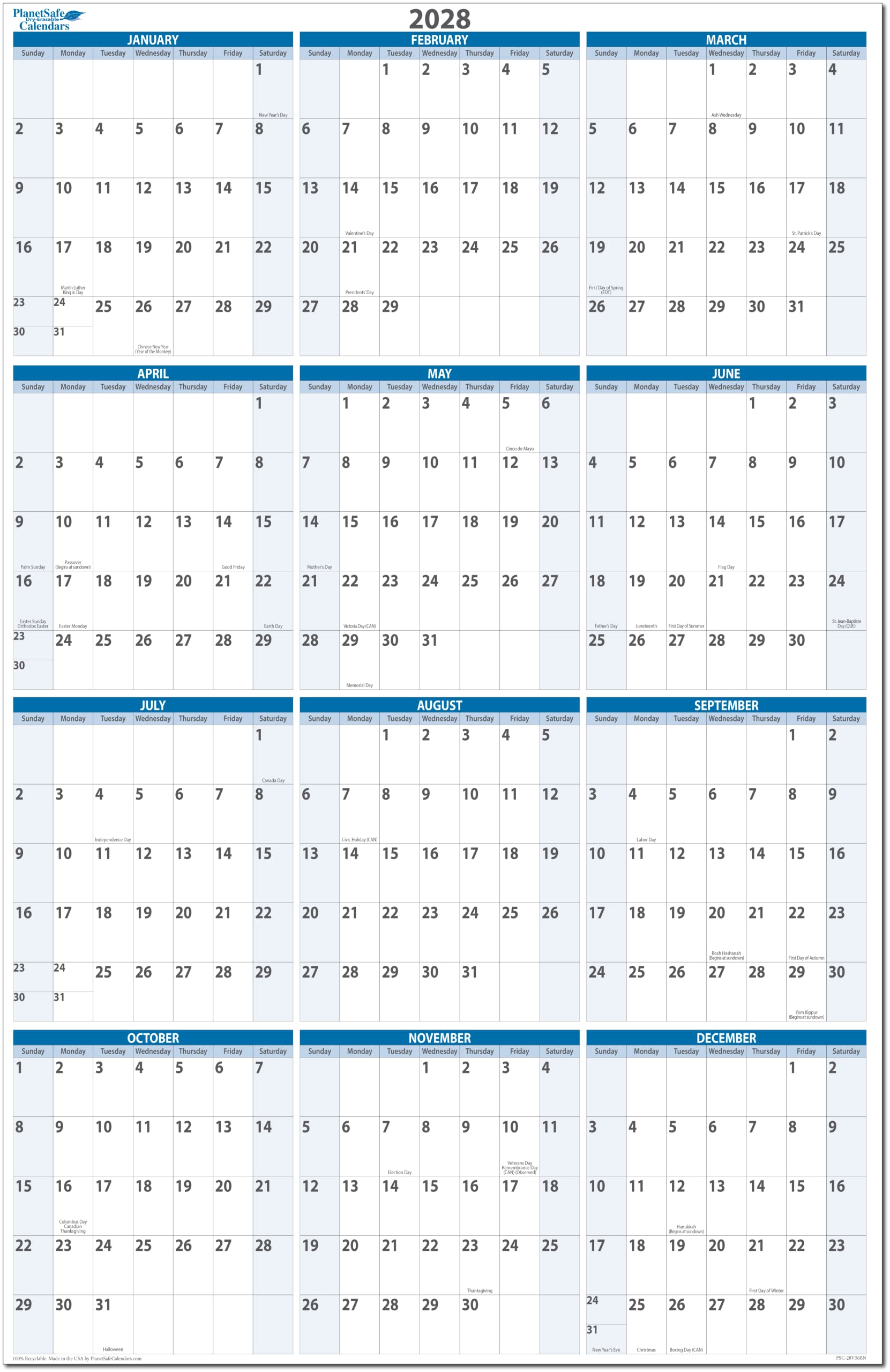 2028 Annual 32" x 48" Vertical Premium Dry-Erasable Wall Calendar. Complete with marker and eraser.