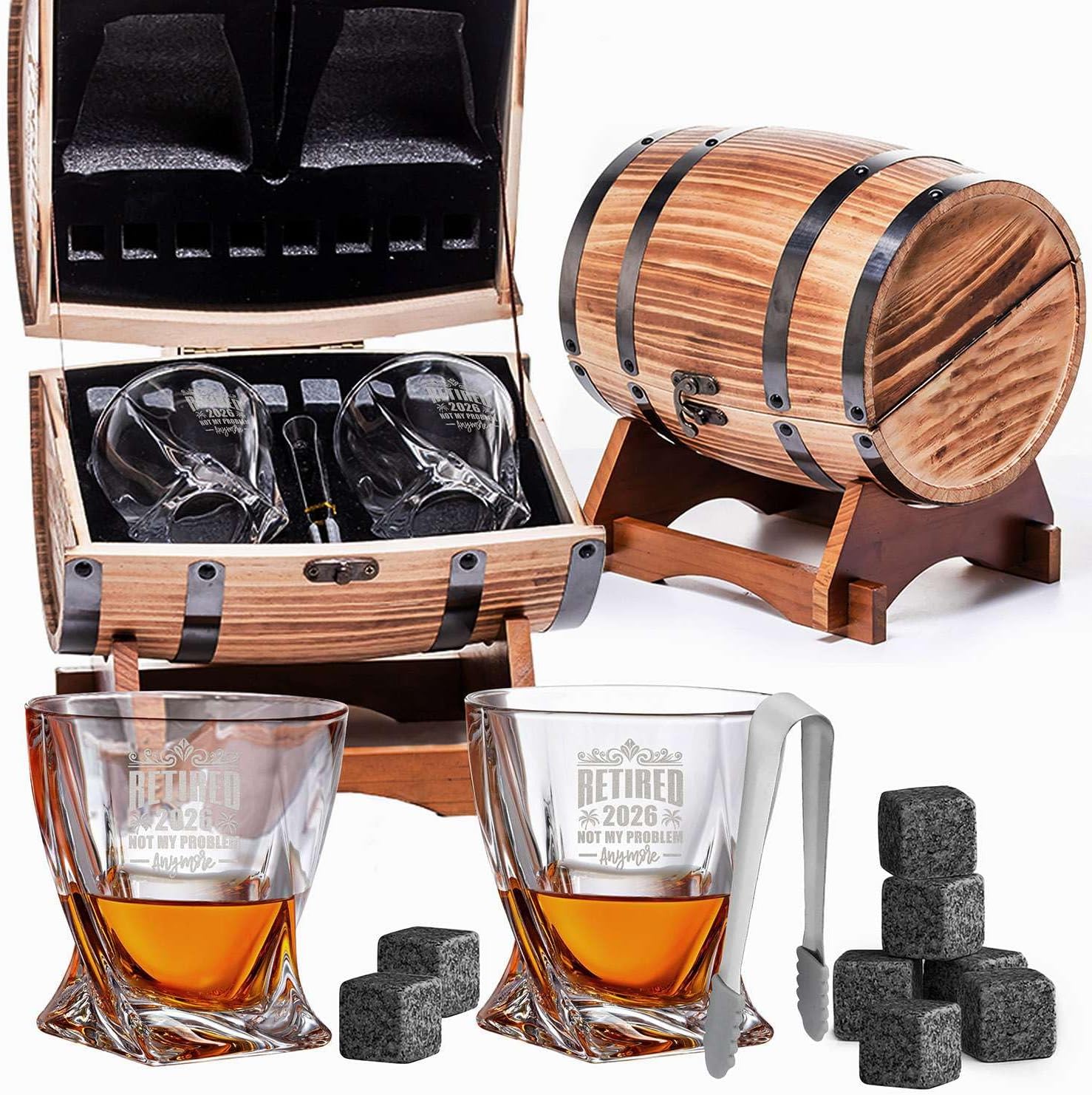 Retired Not My Problem Anymore 2026 Whiskey Glass Gift Set of 2 Glasses, 8 Granite Chilling Stones & Tongs in Rustic Wooden Barrel – Scotch, Bourbon Lovers Gift