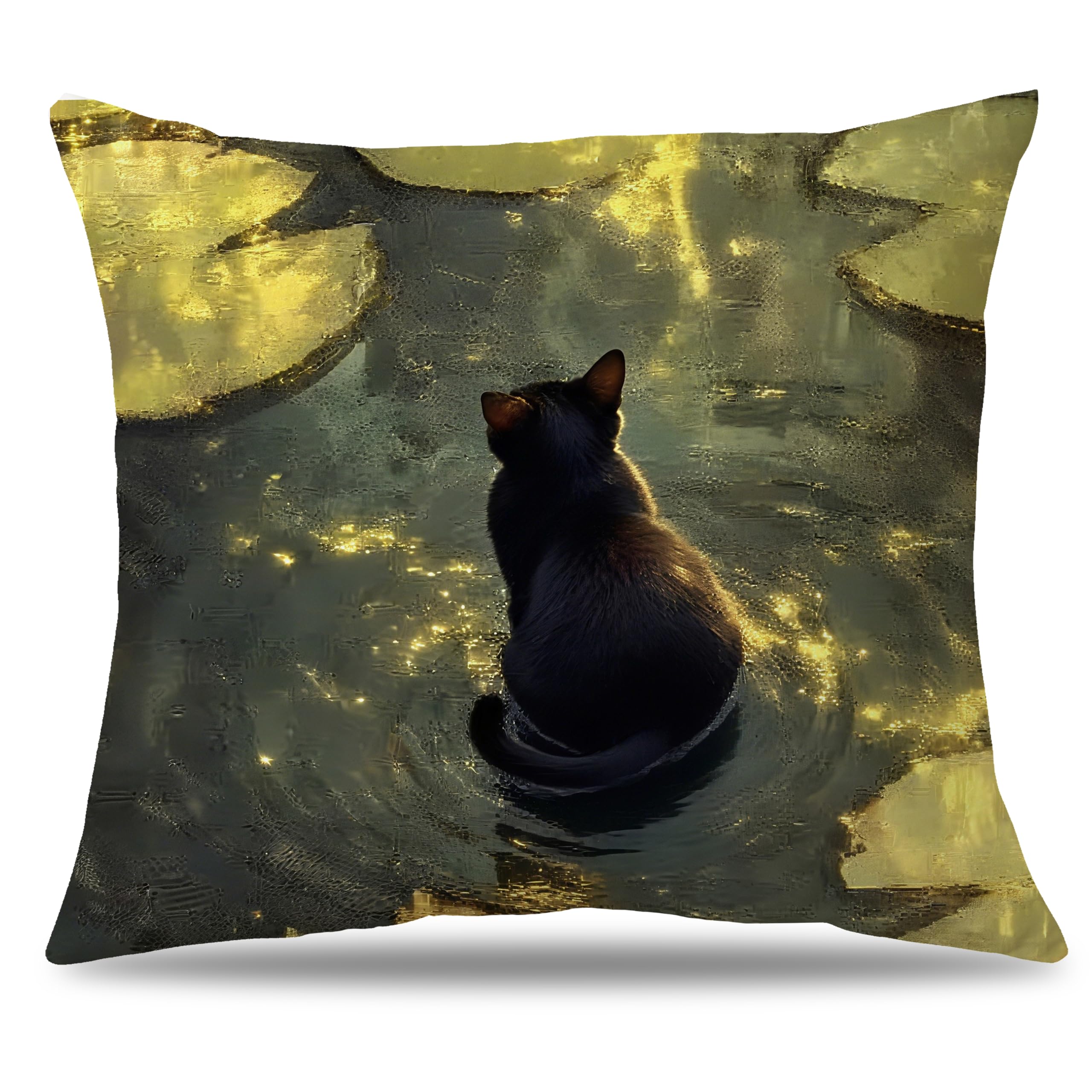 AgriFusion Tech Black Cat Art Painting Throw Pillow Cover 18x18 Aesthetic Cat Decor Pillowcase Serene Nature Decor for