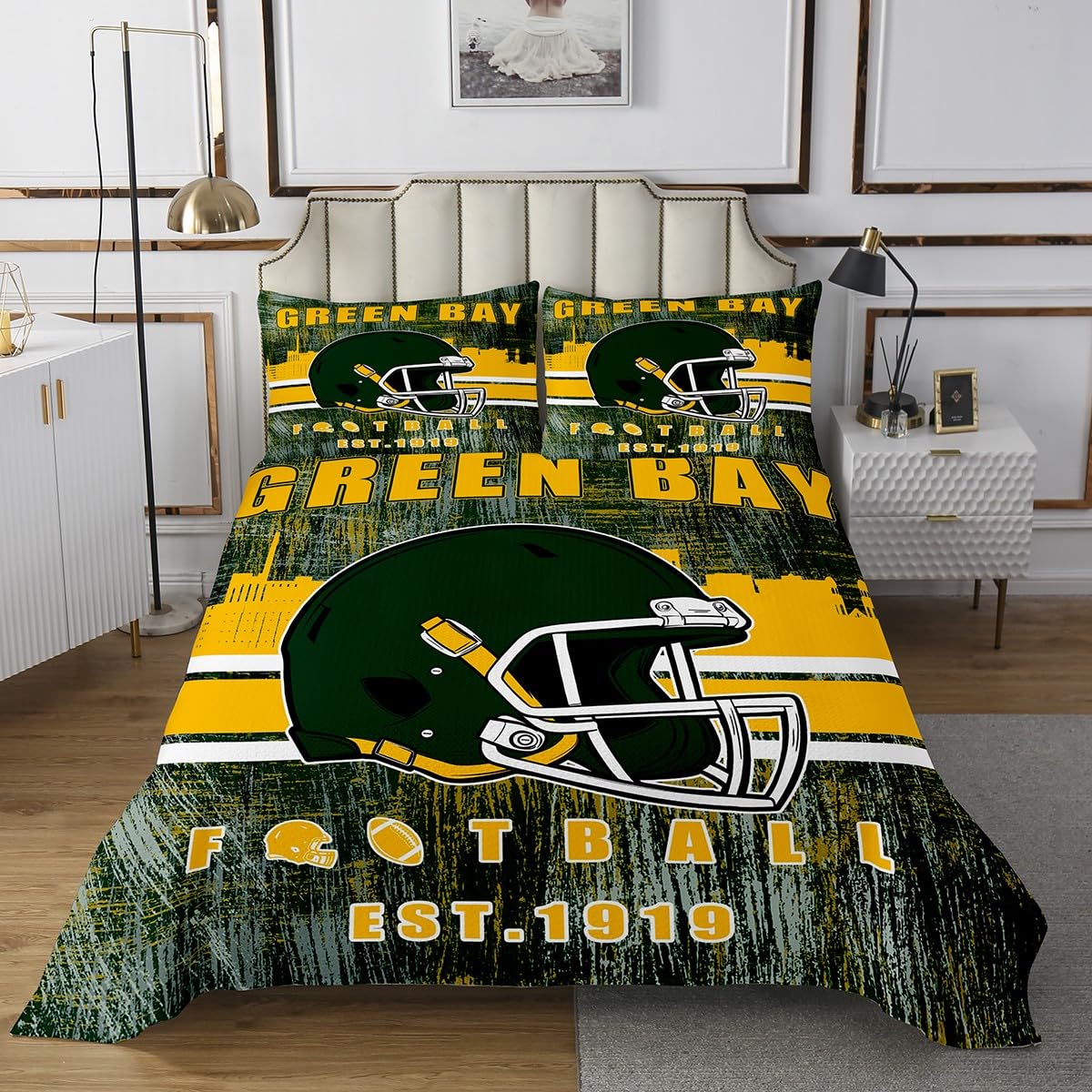Erosebridal Football Gamed Quilt Set for Boys Girls Youth Sports Room Decor, Football City Themed Coverlet Set Army Green Yellow Team Color Bedspreads King 3 Pieces (Green Bay)
