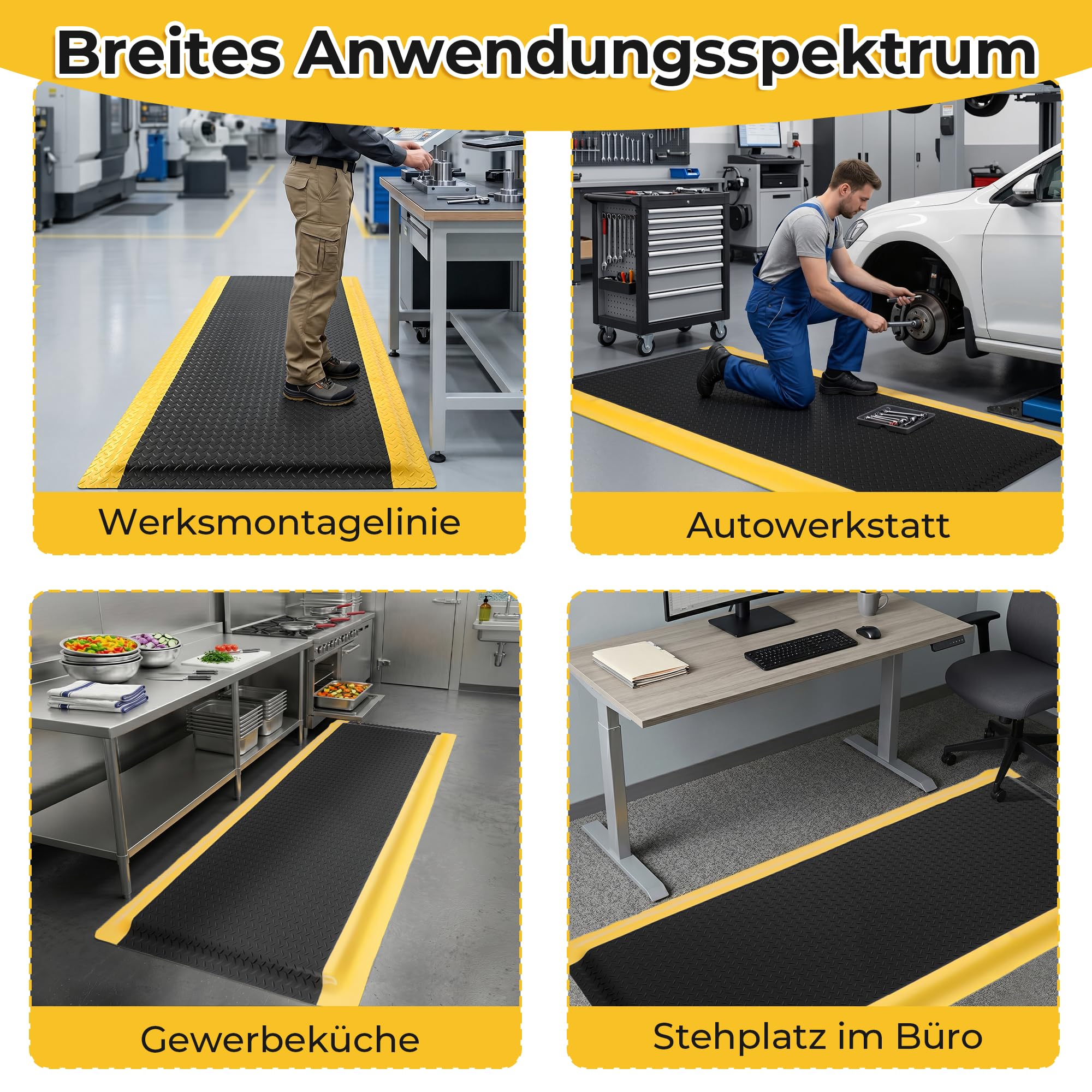 92x152cm Anti-Ermüdungsmatte Ergonomische Arbeitsplatzmatte | Anti Fatigue Stehmatte Komfort Antimüdigkeitsmatte für Steharbeitsplätze, Küche, Werkstatt und Fließband (Schwarz-gelb)