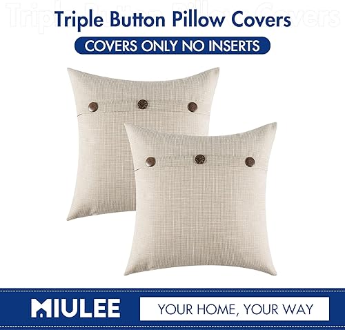 Miniatura 2 de MIULEE Juego de 2 fundas decorativas de lino de 16 x 16 pulgadas con triple botón, color beige, juego de 2 rellenos de almohada de 18 x 18 pulgadas